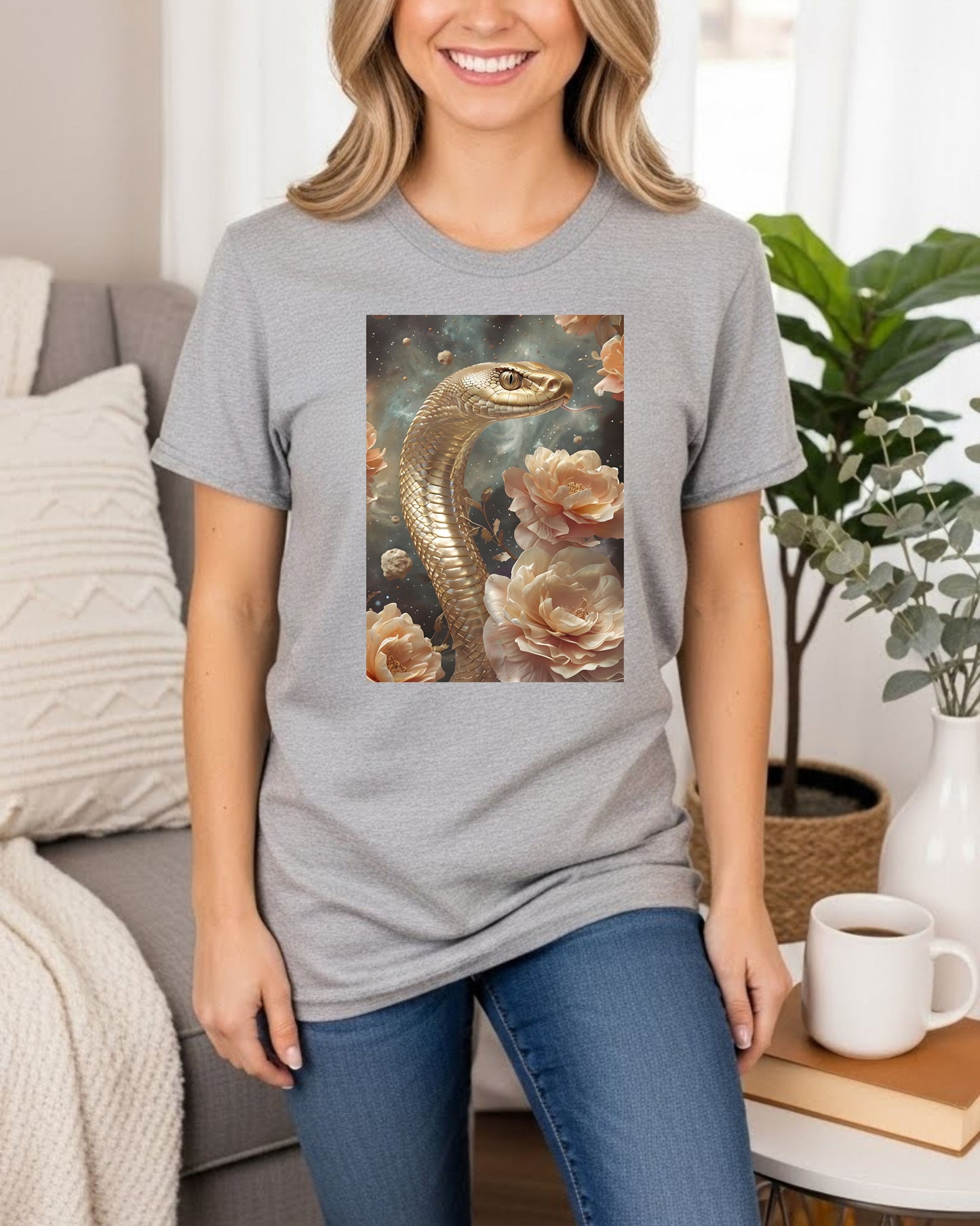 Golden Snake Shirt – Mystical Serpent & Roses Graphic Tee for Women – Boho Fantasy Aesthetic T‑Shirt, Celestial Serpent Design, Witchy Nature Top