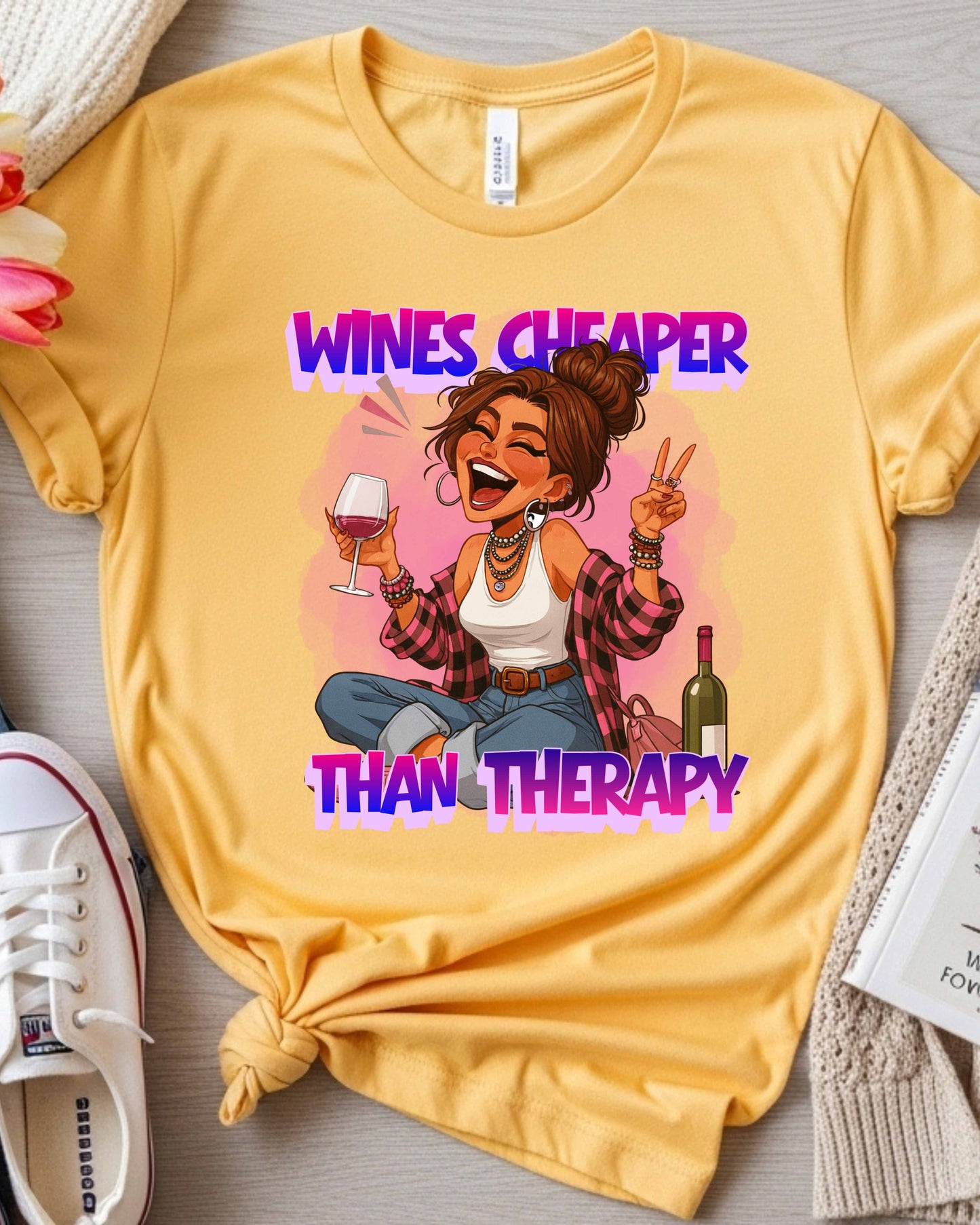 Wines Cheaper Than Therapy Graphic, Funny Wine Lover Quote, Pink Aesthetic Glam Girl Design for Stickers, Shirts & Gifts