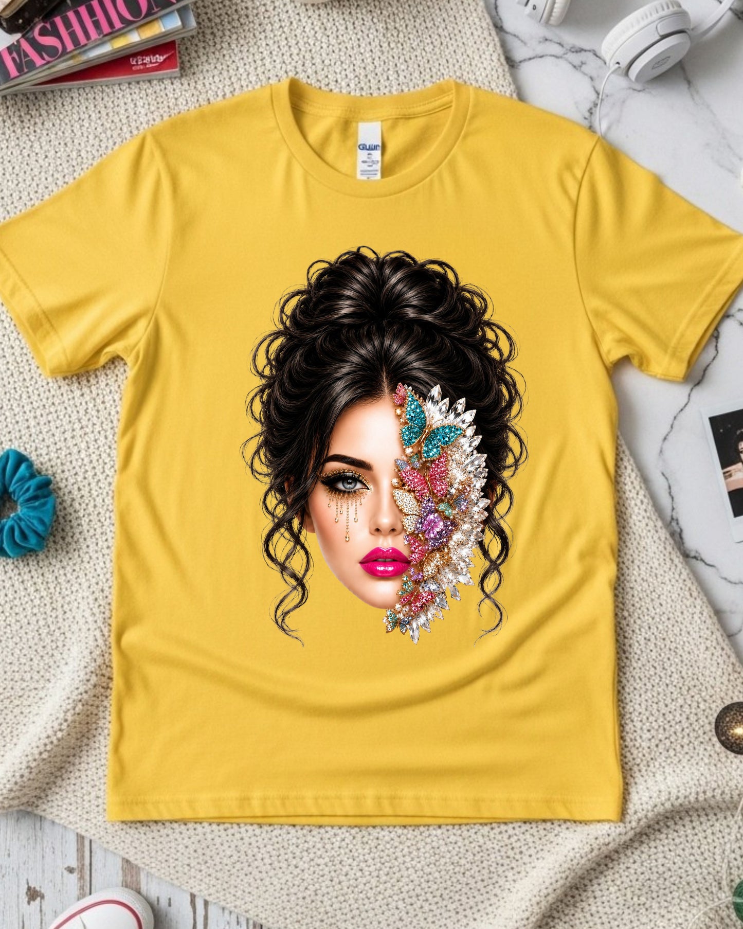 Jeweled Butterfly Woman Shirt, Glam Beauty Graphic Tee, Luxury Rhinestone Butterfly Face