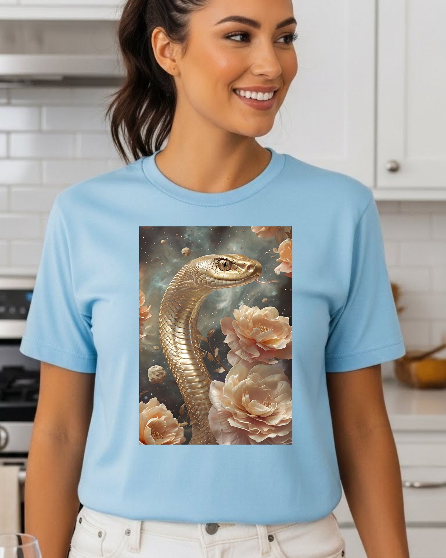 Golden Snake Shirt – Mystical Serpent & Roses Graphic Tee for Women – Boho Fantasy Aesthetic T‑Shirt, Celestial Serpent Design, Witchy Nature Top