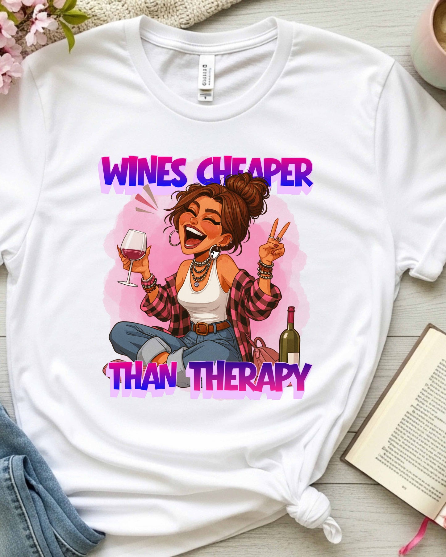 Wines Cheaper Than Therapy Graphic, Funny Wine Lover Quote, Pink Aesthetic Glam Girl Design for Stickers, Shirts & Gifts
