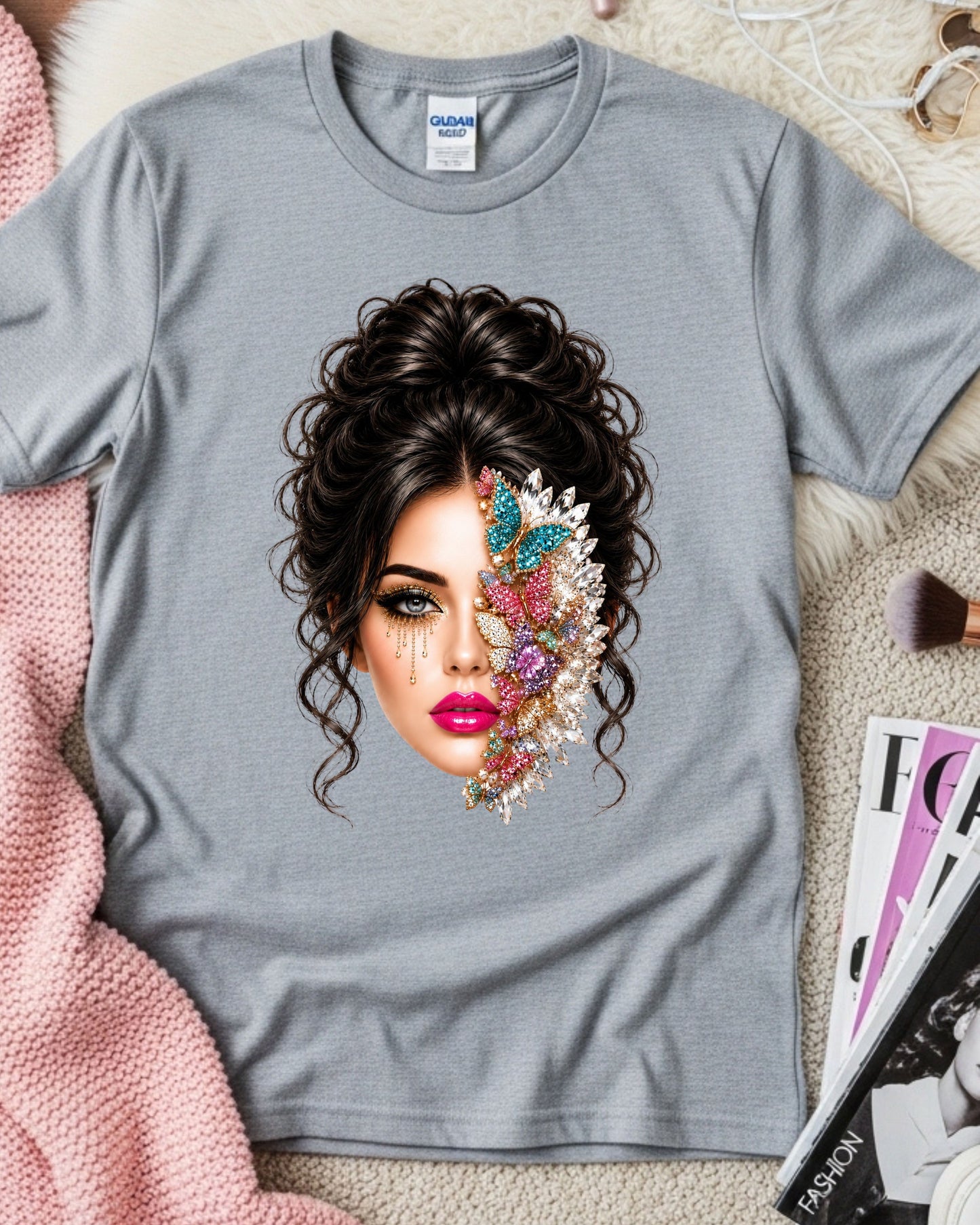 Jeweled Butterfly Woman Shirt, Glam Beauty Graphic Tee, Luxury Rhinestone Butterfly Face