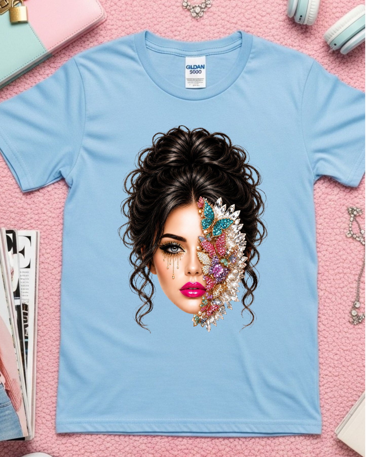 Jeweled Butterfly Woman Shirt, Glam Beauty Graphic Tee, Luxury Rhinestone Butterfly Face
