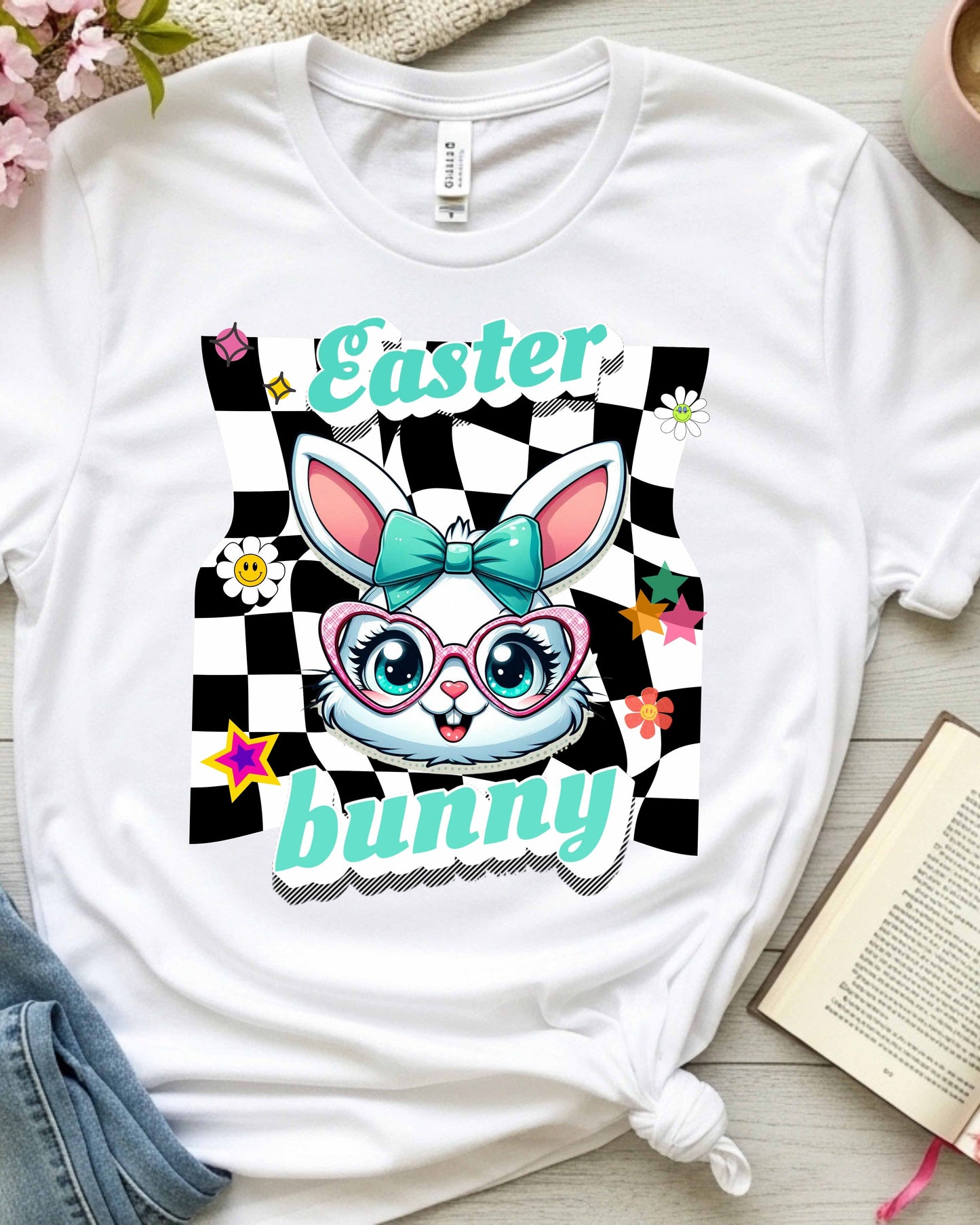 Cute Easter Bunny Retro Graphic – Teal Bow & Heart Glasses, Kawaii Spring Bunny Clipart, Pastel Easter Art for Stickers