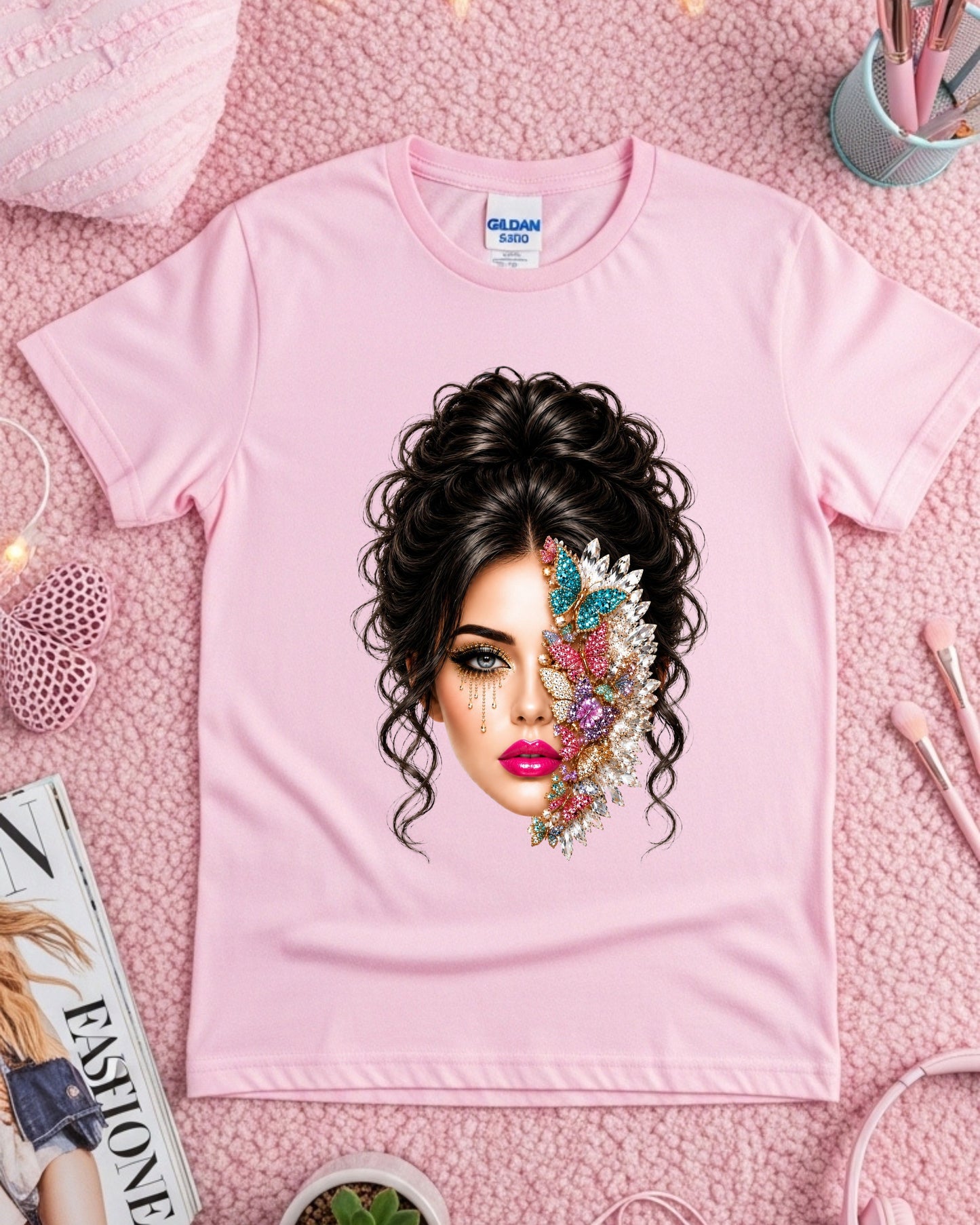Jeweled Butterfly Woman Shirt, Glam Beauty Graphic Tee, Luxury Rhinestone Butterfly Face