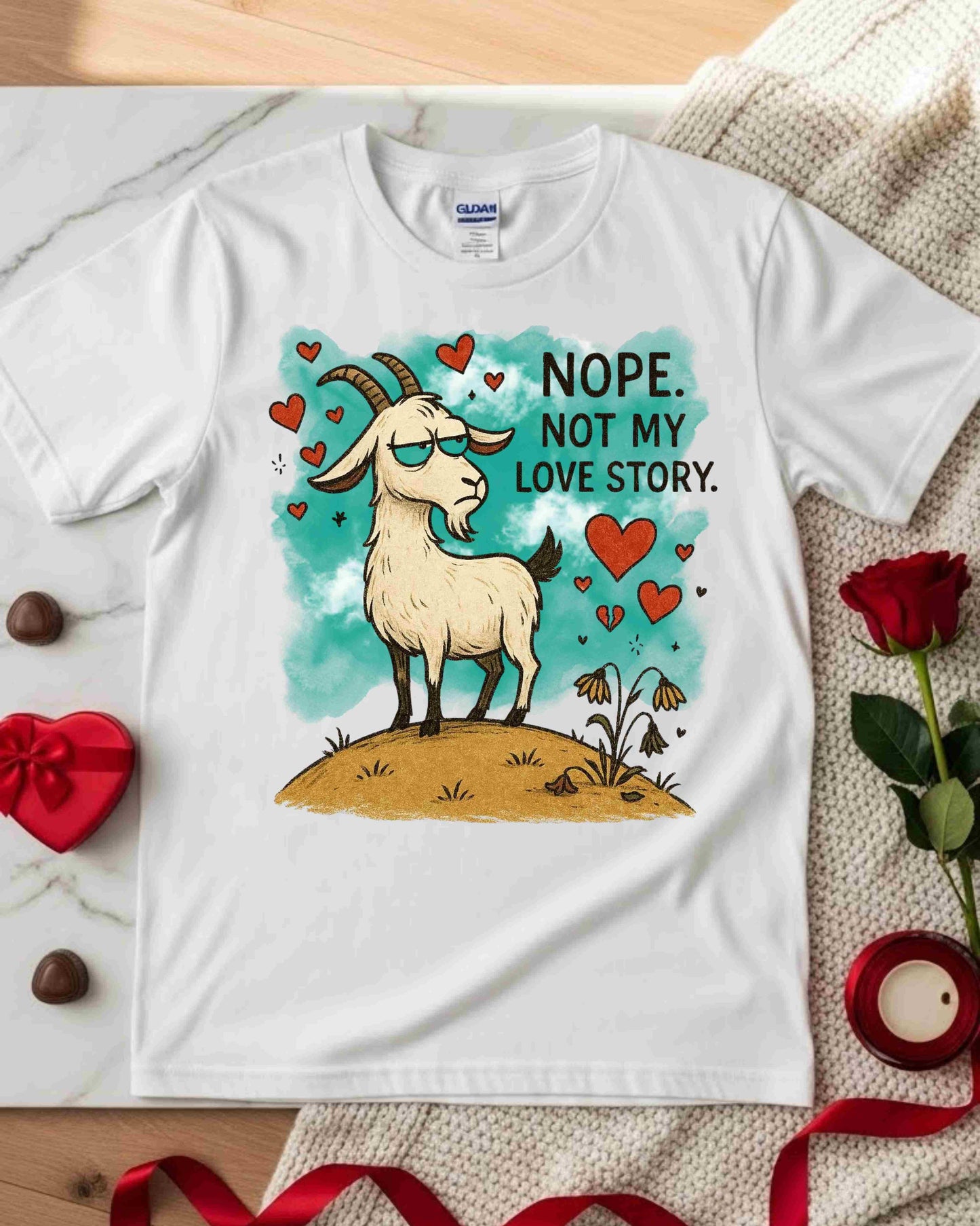 Nope. Not My Love Story, Goat Tee, Anti‑Romance Humour, Cute Sassy Animal Graphic, Valentine’s Day