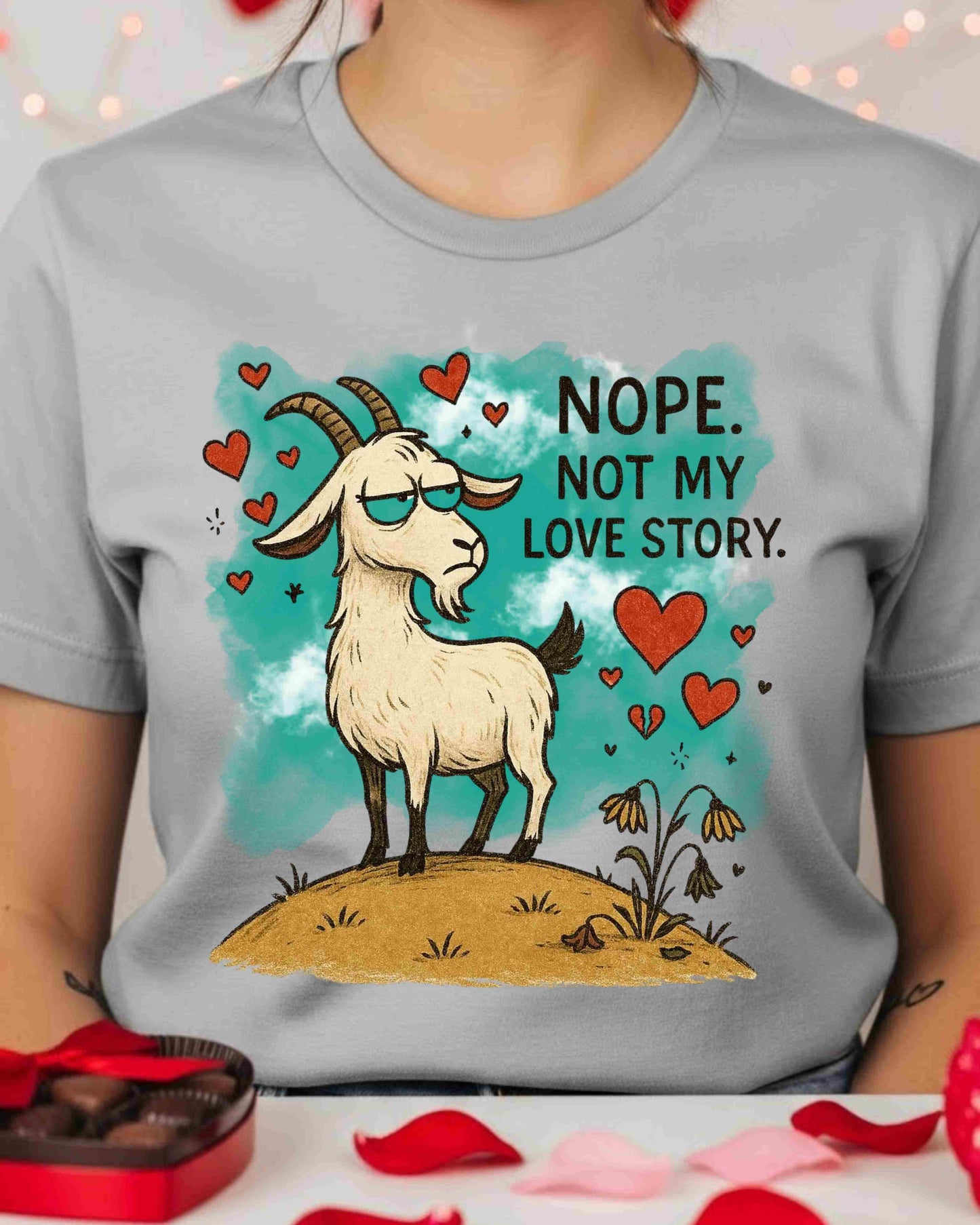 Nope. Not My Love Story, Goat Tee, Anti‑Romance Humour, Cute Sassy Animal Graphic, Valentine’s Day