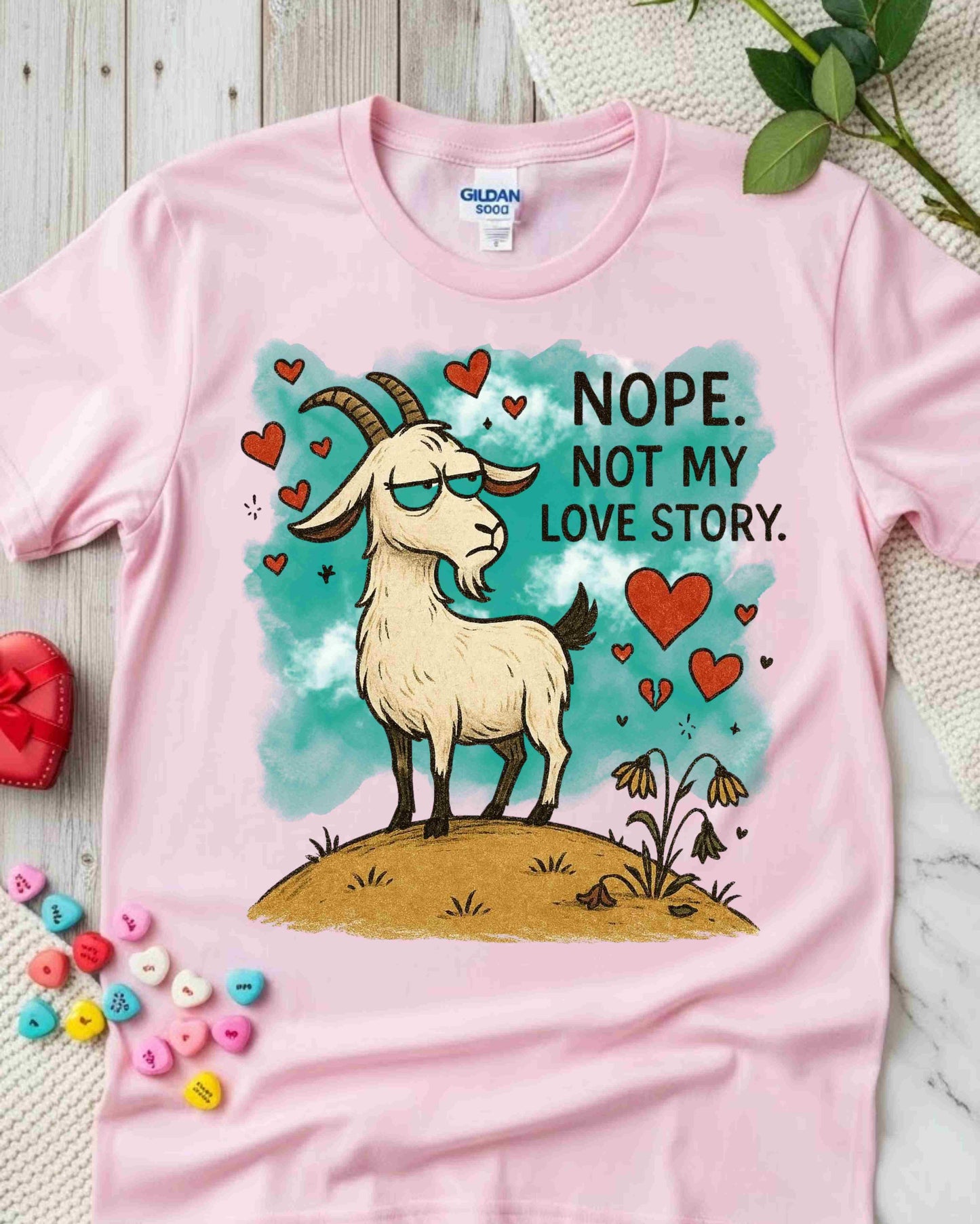 Nope. Not My Love Story, Goat Tee, Anti‑Romance Humour, Cute Sassy Animal Graphic, Valentine’s Day