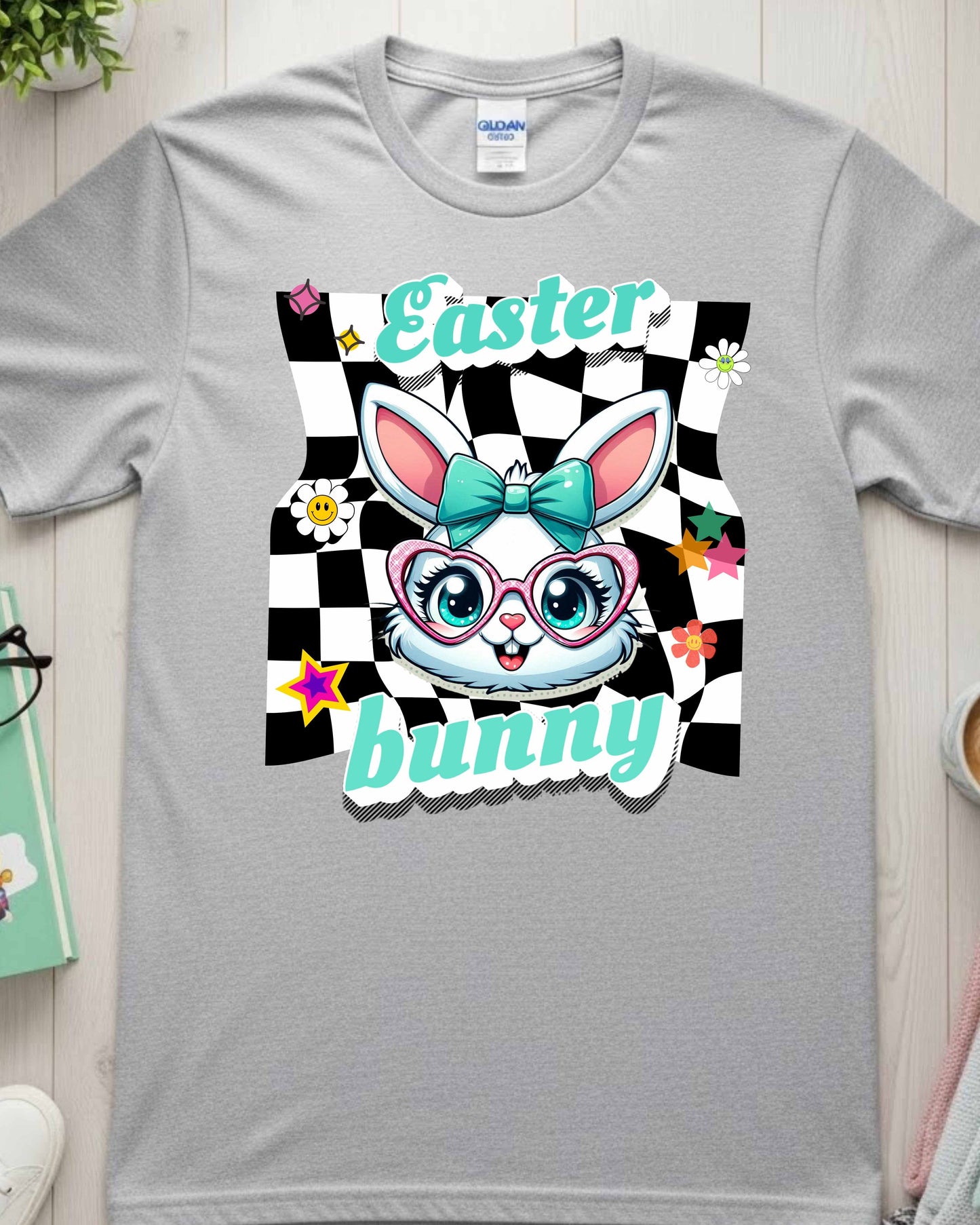Cute Easter Bunny Retro Graphic – Teal Bow & Heart Glasses, Kawaii Spring Bunny Clipart, Pastel Easter Art for Stickers