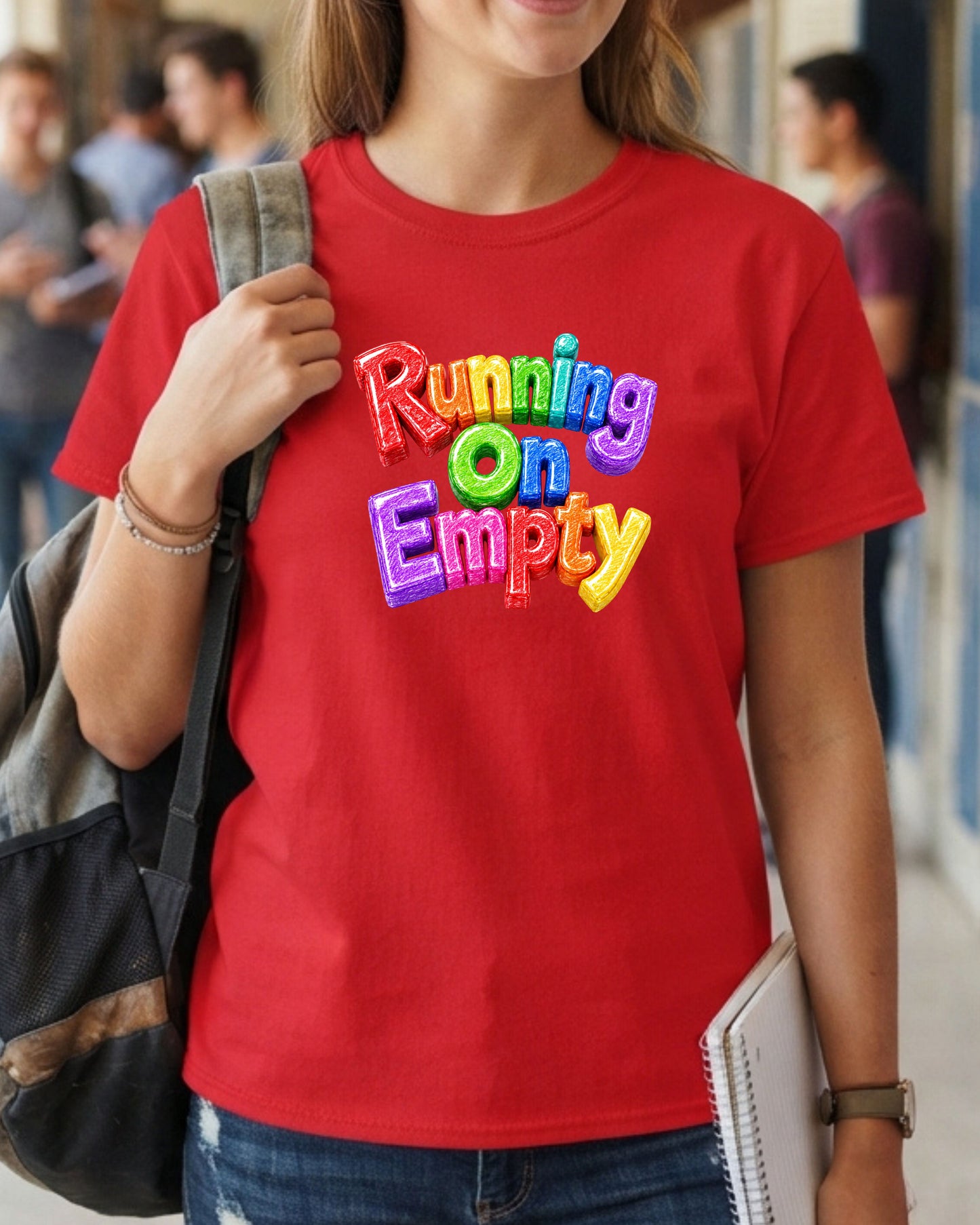 Running On Empty Shirt, Rainbow Typography Tee, Colourful 3D Graphic T-Shirt, Funny Burnout Shirt, Cute Positive Retro Apparel Gift