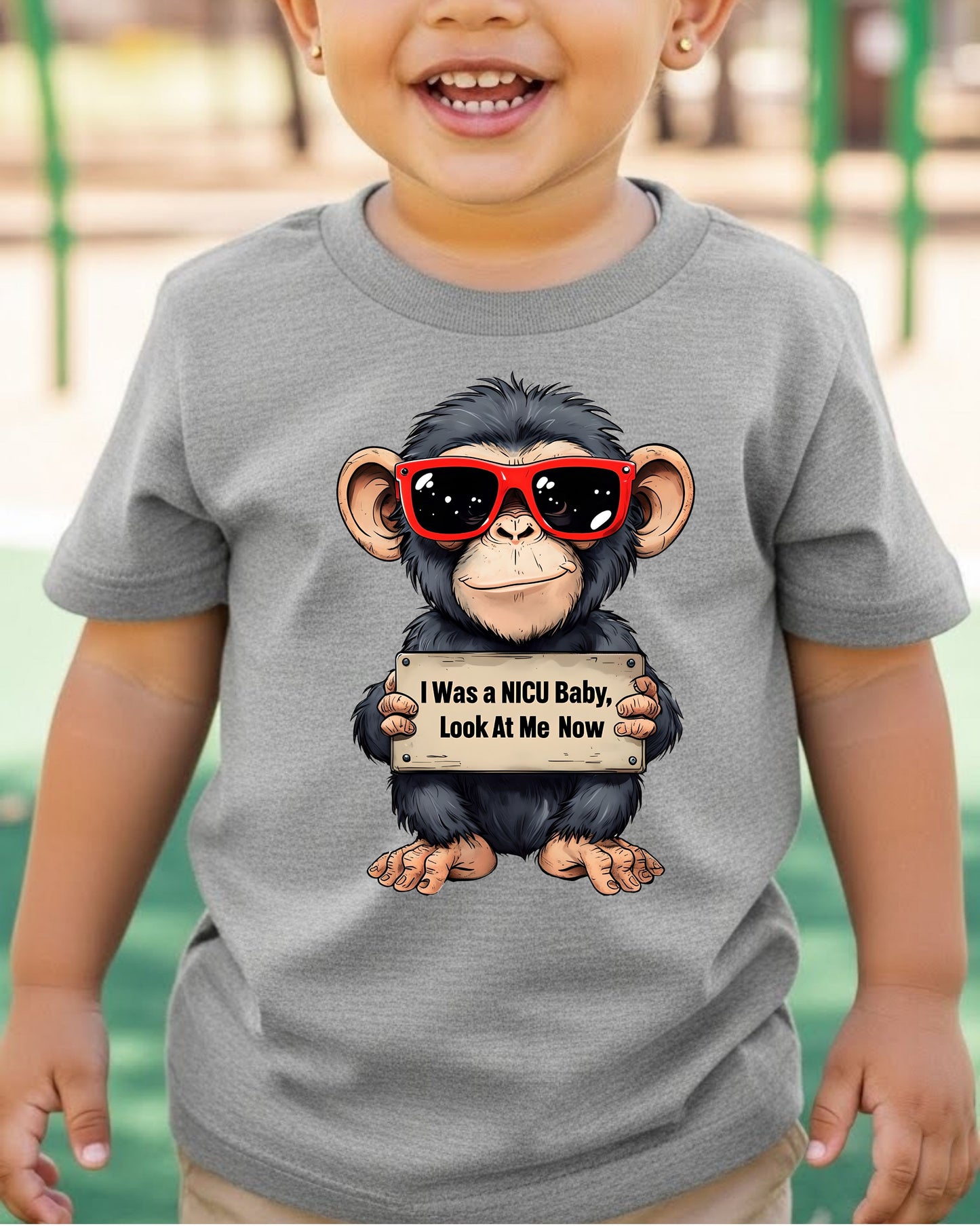 NICU Baby Shirt – “Look at Me Now” Preemie Milestone Tee for Kids – Inspirational NICU Graduate T‑Shirt, Cute Chimp Cartoon Design