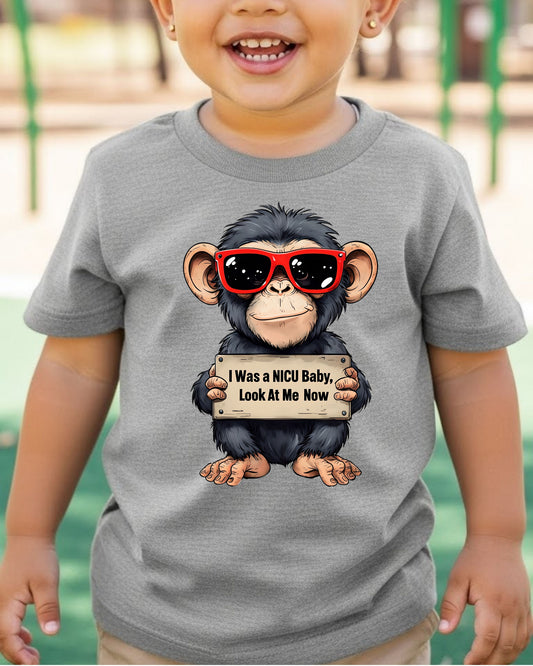 NICU Baby Shirt – “Look at Me Now” Preemie Milestone Tee for Kids – Inspirational NICU Graduate T‑Shirt, Cute Chimp Cartoon Design