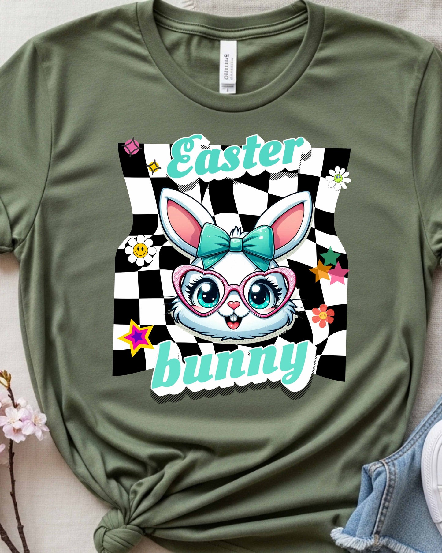 Cute Easter Bunny Retro Graphic – Teal Bow & Heart Glasses, Kawaii Spring Bunny Clipart, Pastel Easter Art for Stickers
