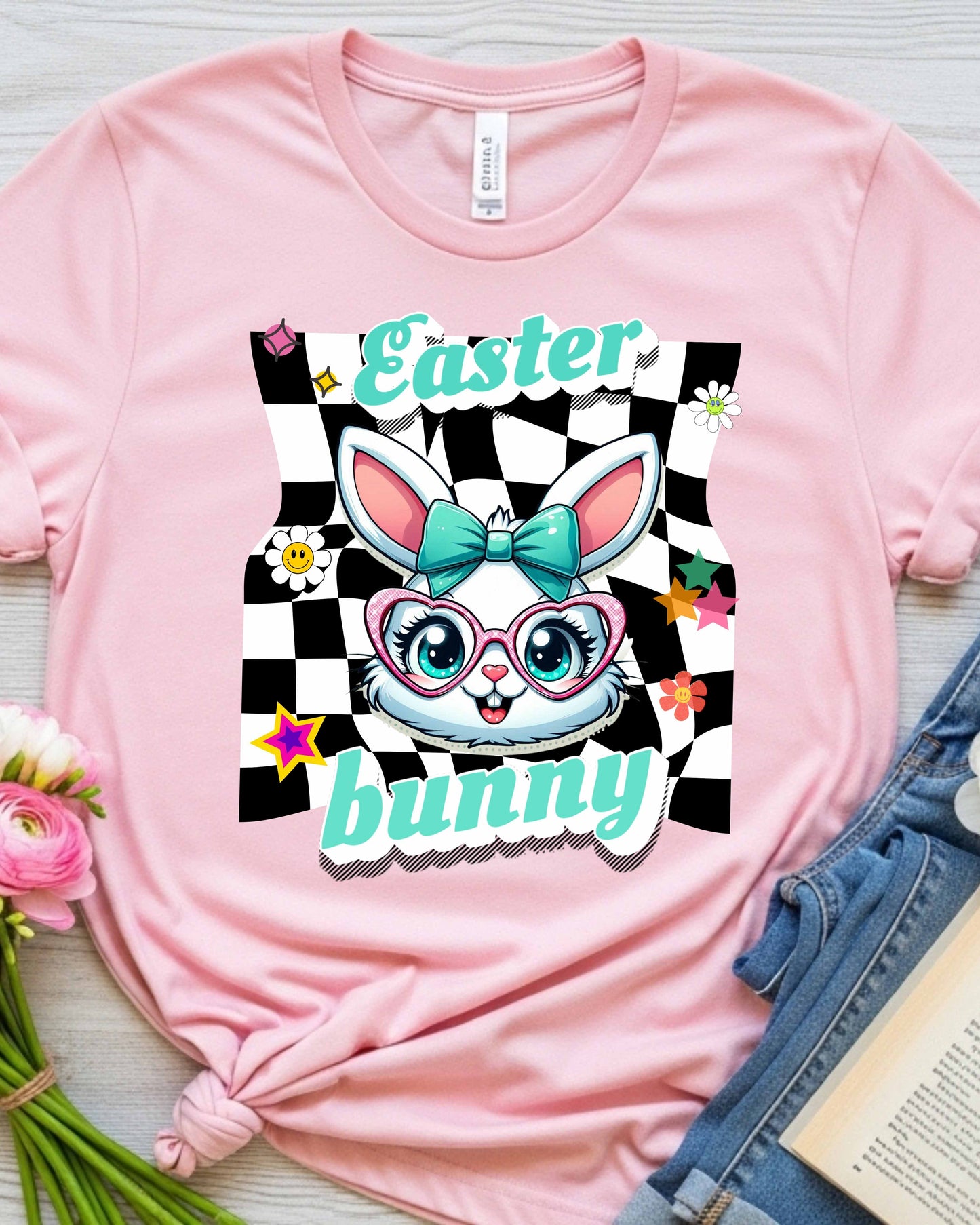 Cute Easter Bunny Retro Graphic – Teal Bow & Heart Glasses, Kawaii Spring Bunny Clipart, Pastel Easter Art for Stickers