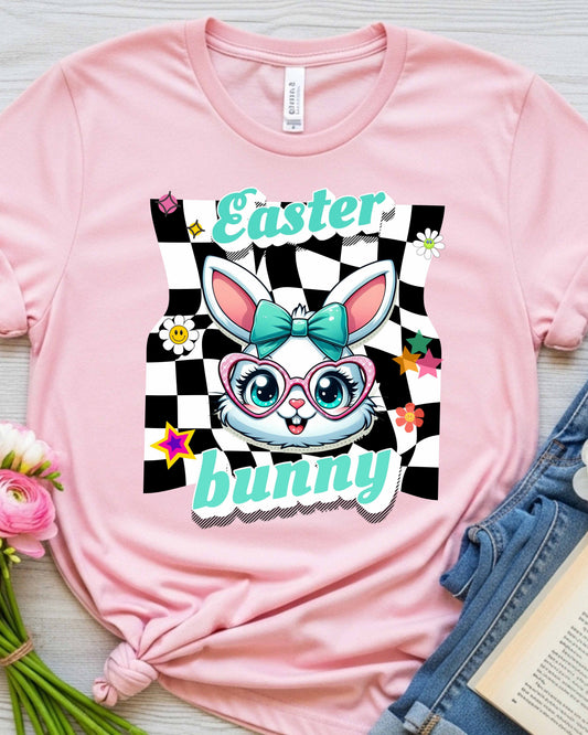Cute Easter Bunny Retro Graphic – Teal Bow & Heart Glasses, Kawaii Spring Bunny Clipart, Pastel Easter Art for Stickers