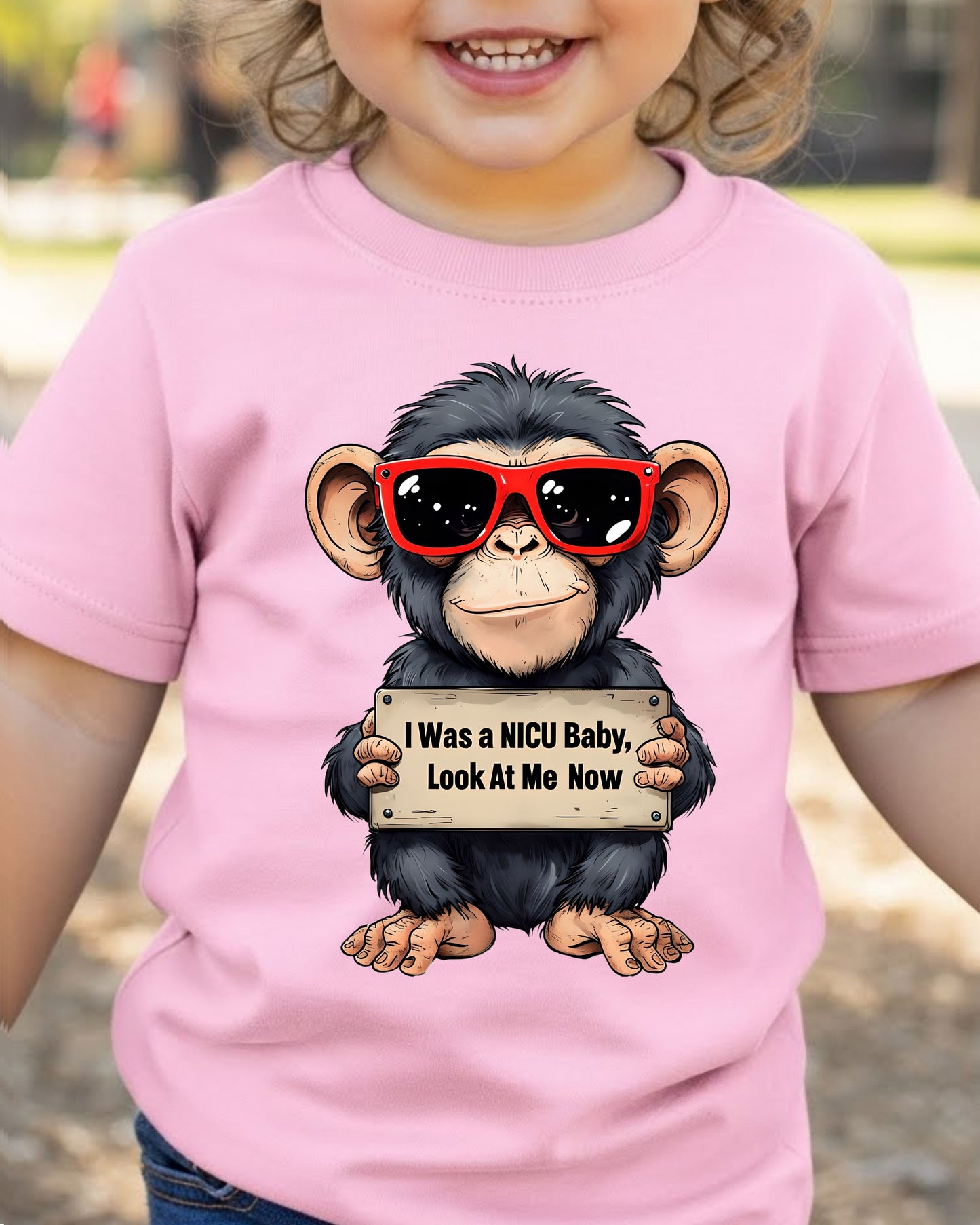 NICU Baby Shirt – “Look at Me Now” Preemie Milestone Tee for Kids – Inspirational NICU Graduate T‑Shirt, Cute Chimp Cartoon Design