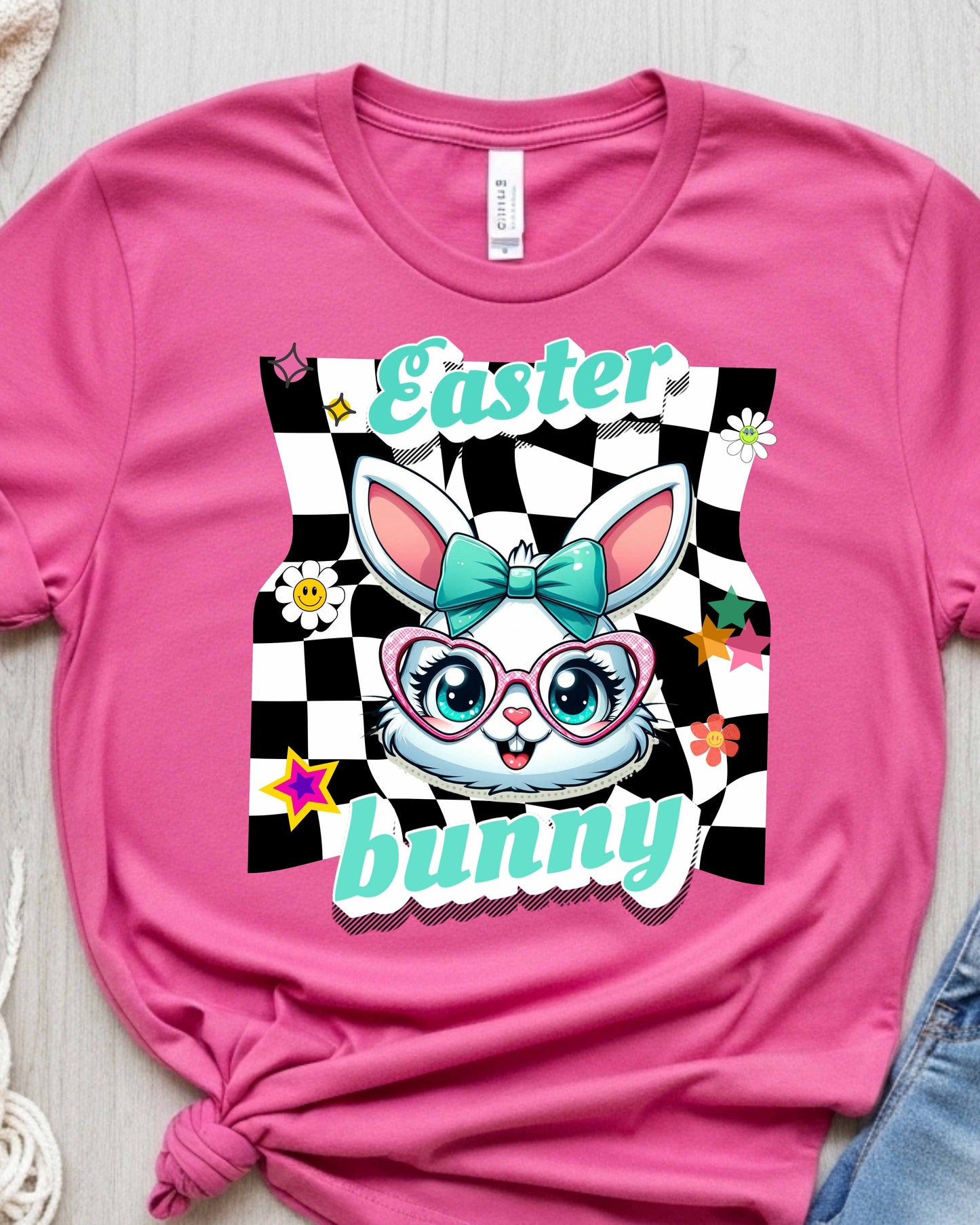 Cute Easter Bunny Retro Graphic – Teal Bow & Heart Glasses, Kawaii Spring Bunny Clipart, Pastel Easter Art for Stickers