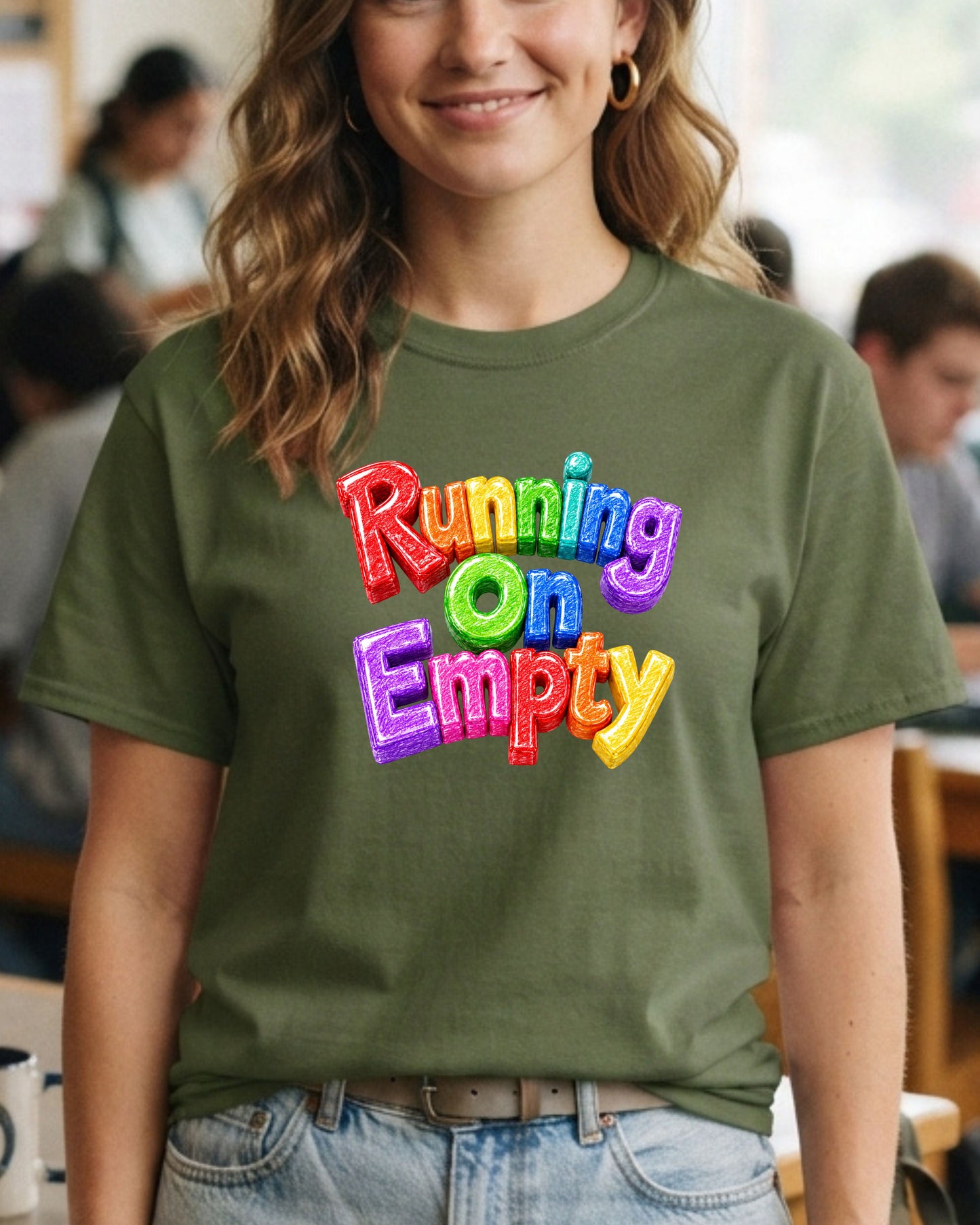 Running On Empty Shirt, Rainbow Typography Tee, Colourful 3D Graphic T-Shirt, Funny Burnout Shirt, Cute Positive Retro Apparel Gift