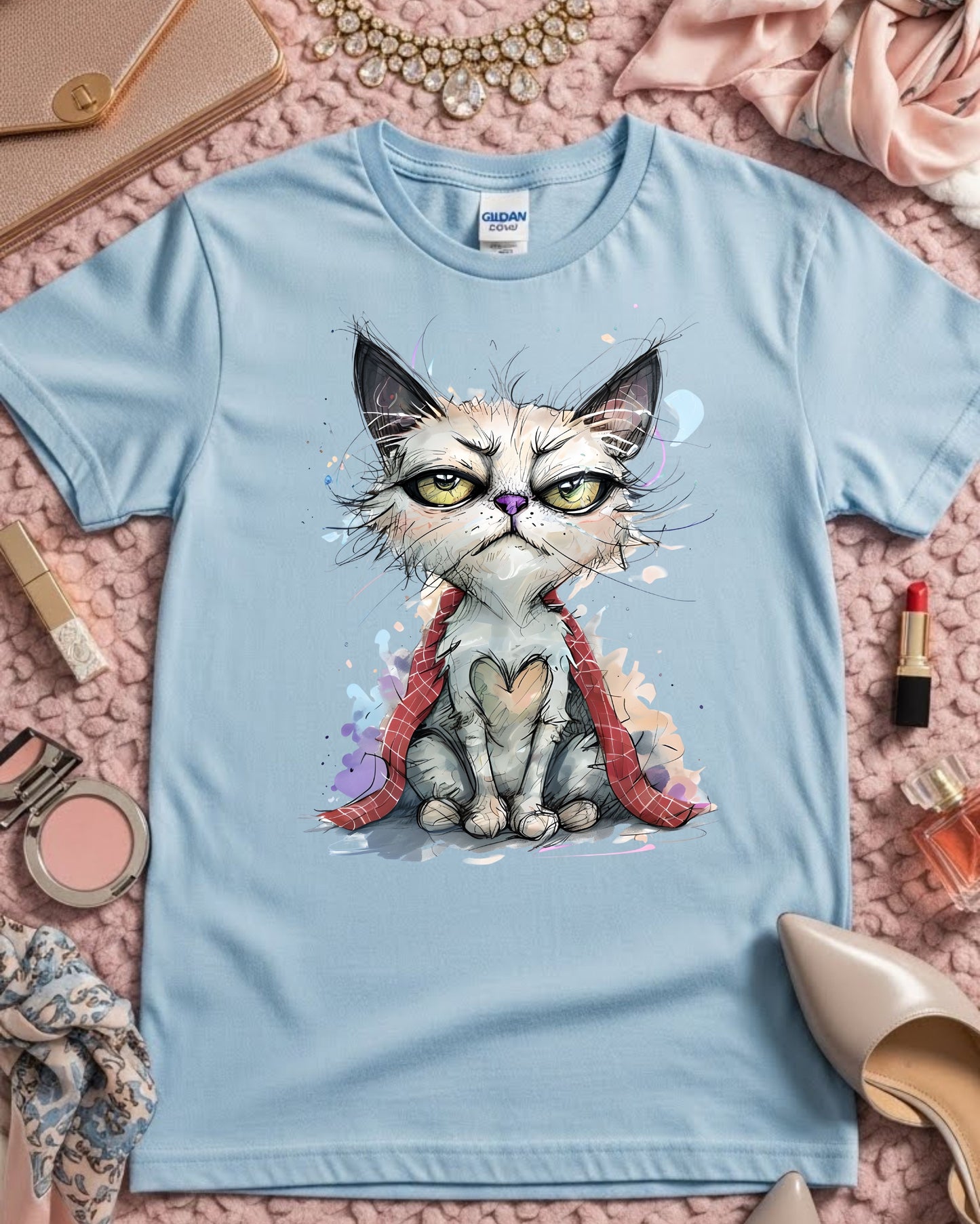 Grumpy Cat Shirt – Cute Artsy Cat Illustration Tee for Women & Teens – Whimsical Kitty Graphic T‑Shirt, Funny Pet Lover Top, Pastel Aesthetic Design