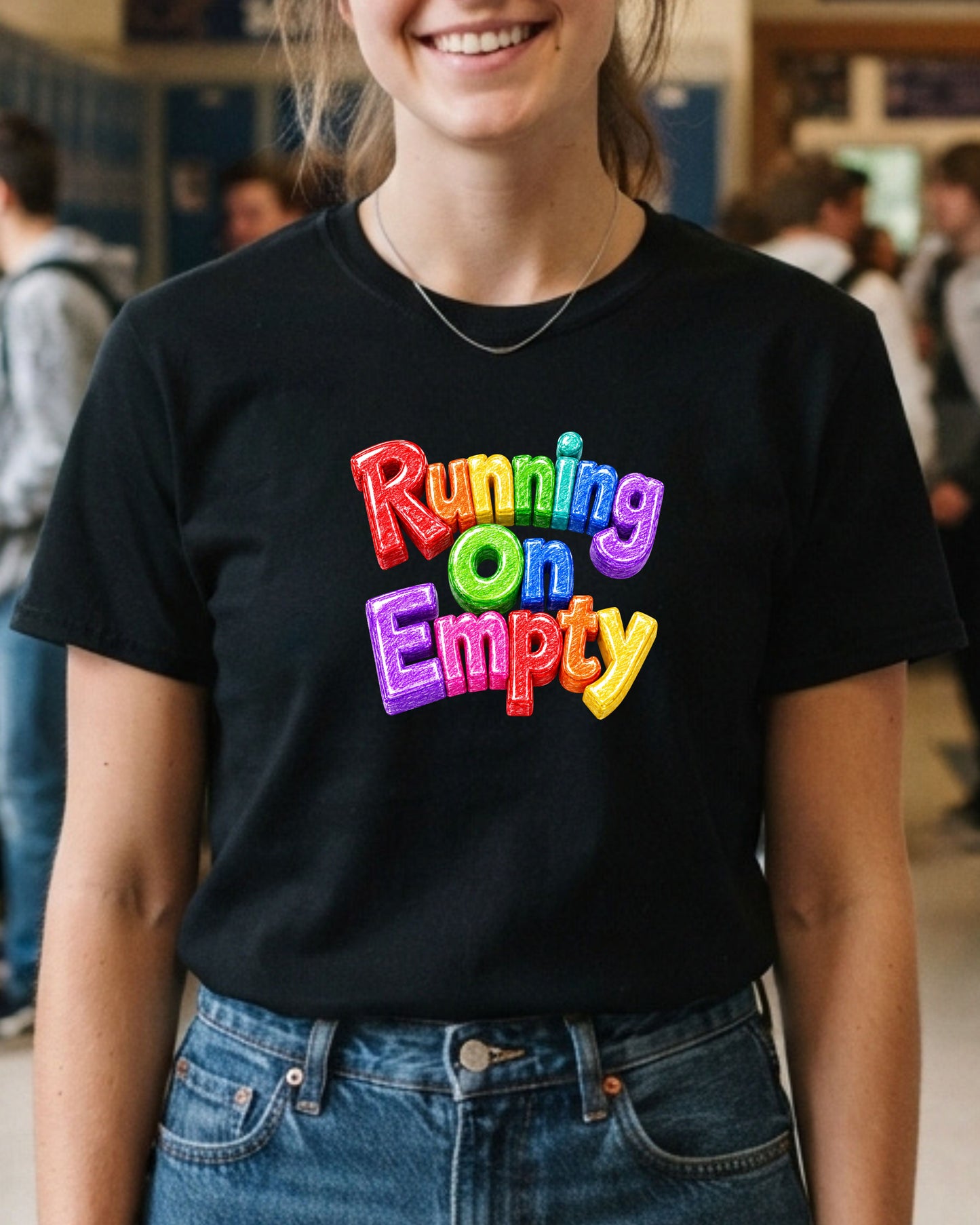 Running On Empty Shirt, Rainbow Typography Tee, Colourful 3D Graphic T-Shirt, Funny Burnout Shirt, Cute Positive Retro Apparel Gift