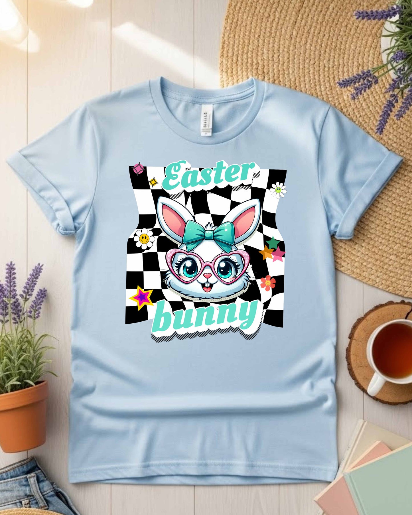 Cute Easter Bunny Retro Graphic – Teal Bow & Heart Glasses, Kawaii Spring Bunny Clipart, Pastel Easter Art for Stickers