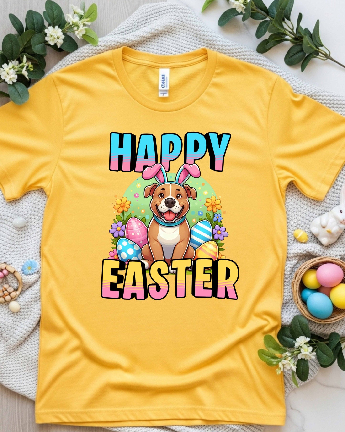 Puppy in Bunny Ears with Colourful Eggs & Flowers, Fun Spring Clipart for Shirts, Stickers & Holiday Decor