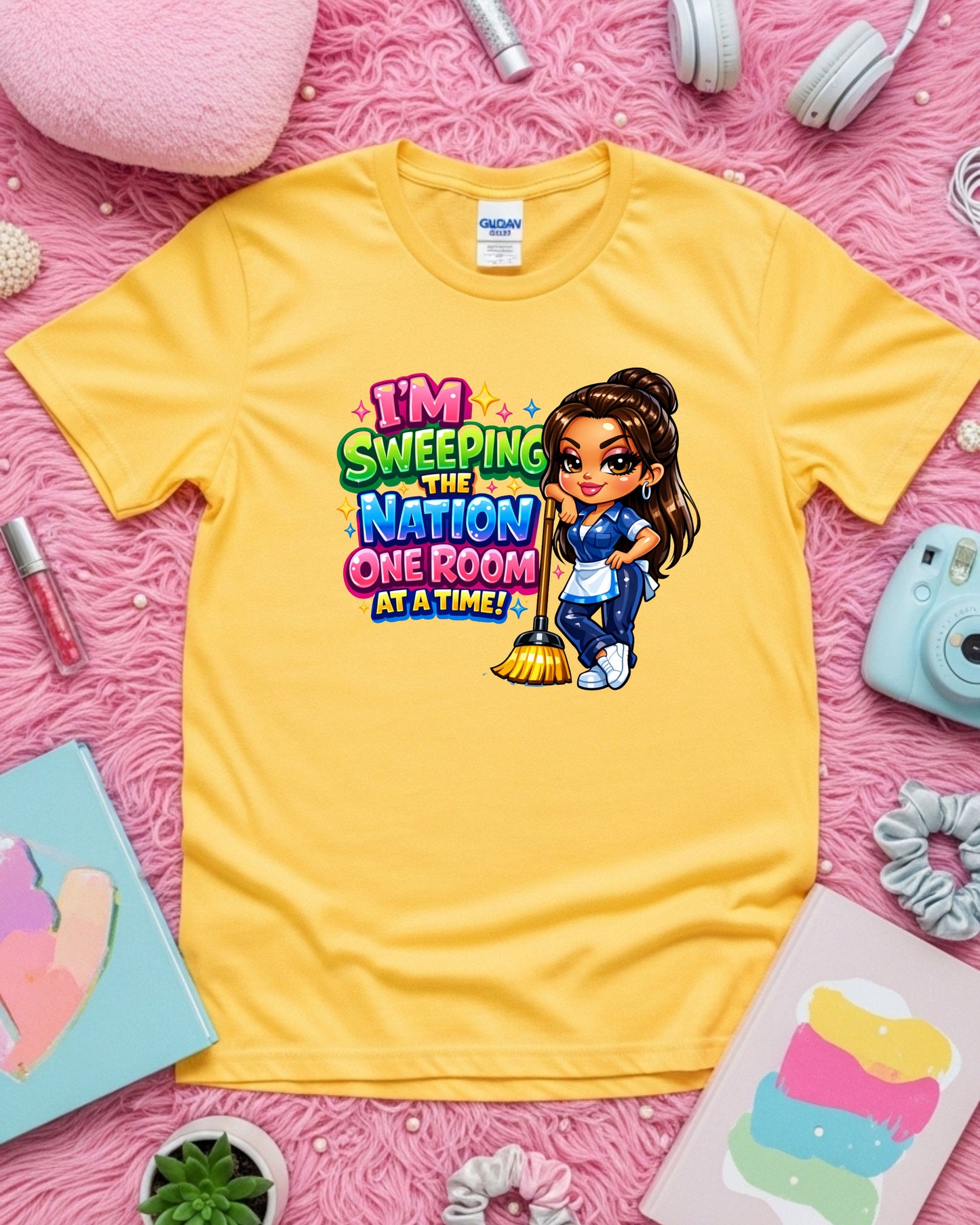I’m Sweeping the Nation One Room at a Time Shirt Funny Cleaner Tee Housekeeper & Janitor T‑Shirt Cleaning Crew Graphic Top Custodian Gift for Women