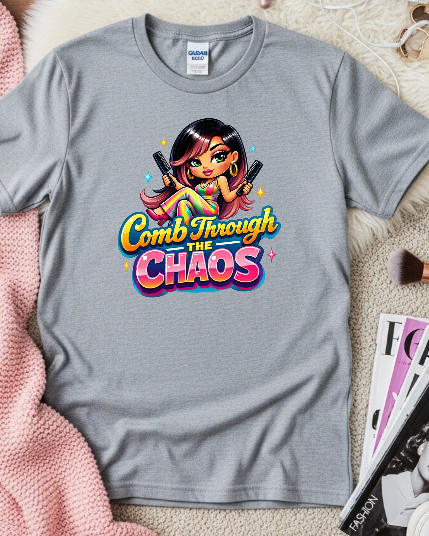 Comb Through the Chaos Shirt Funny Hairstylist Tee Colourful Salon Stylist T‑Shirt Braider Graphic Top Cosmetology Gift