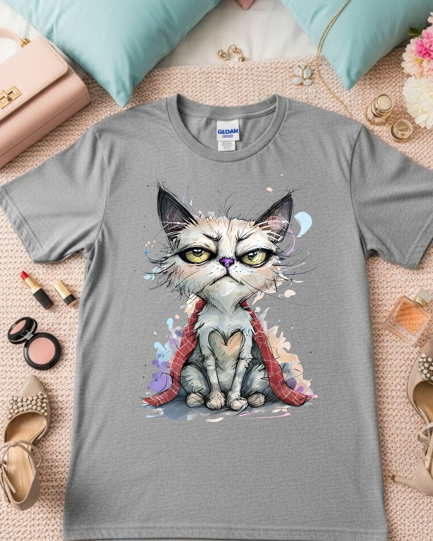 Grumpy Cat Shirt – Cute Artsy Cat Illustration Tee for Women & Teens – Whimsical Kitty Graphic T‑Shirt, Funny Pet Lover Top, Pastel Aesthetic Design