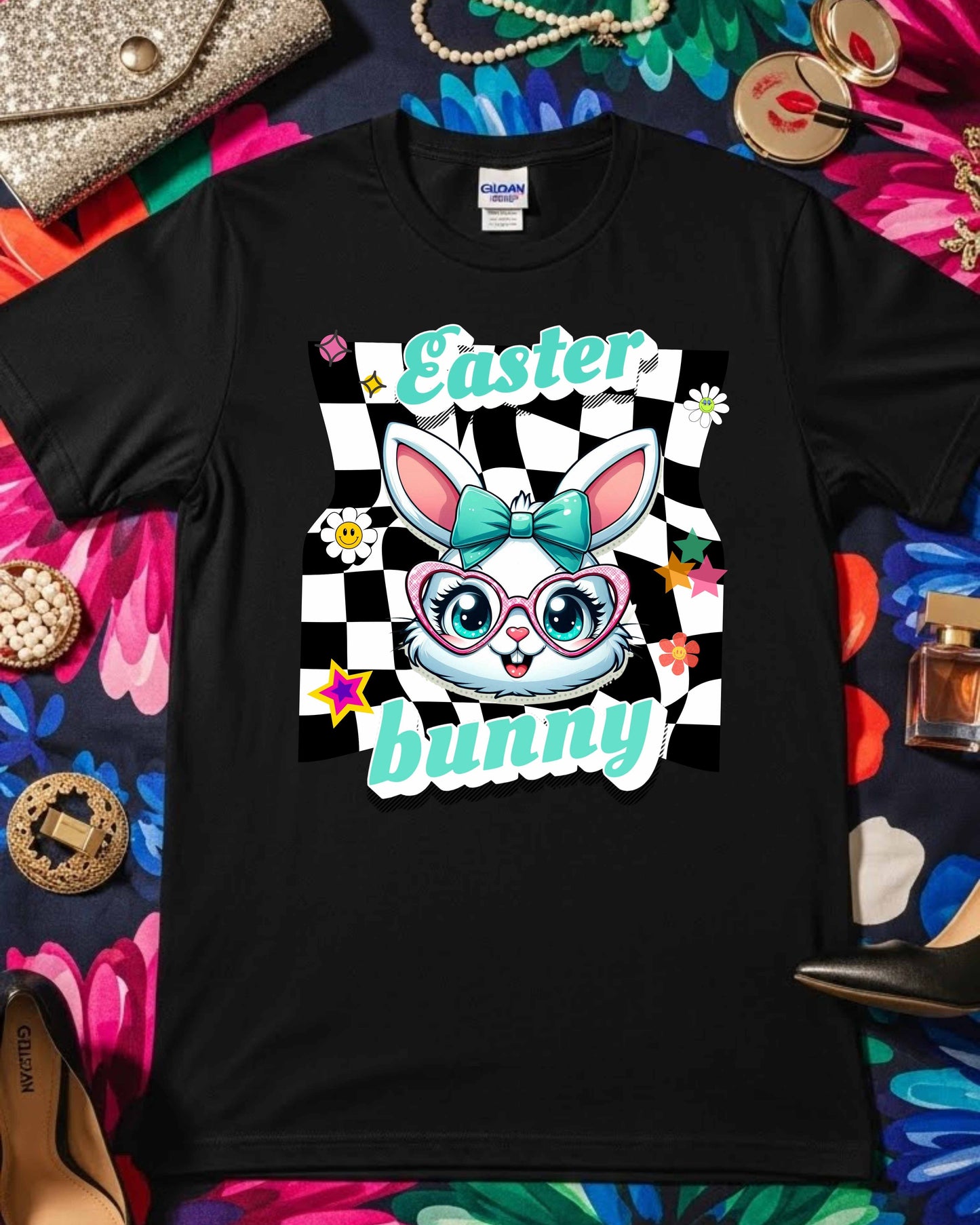 Cute Easter Bunny Retro Graphic – Teal Bow & Heart Glasses, Kawaii Spring Bunny Clipart, Pastel Easter Art for Stickers