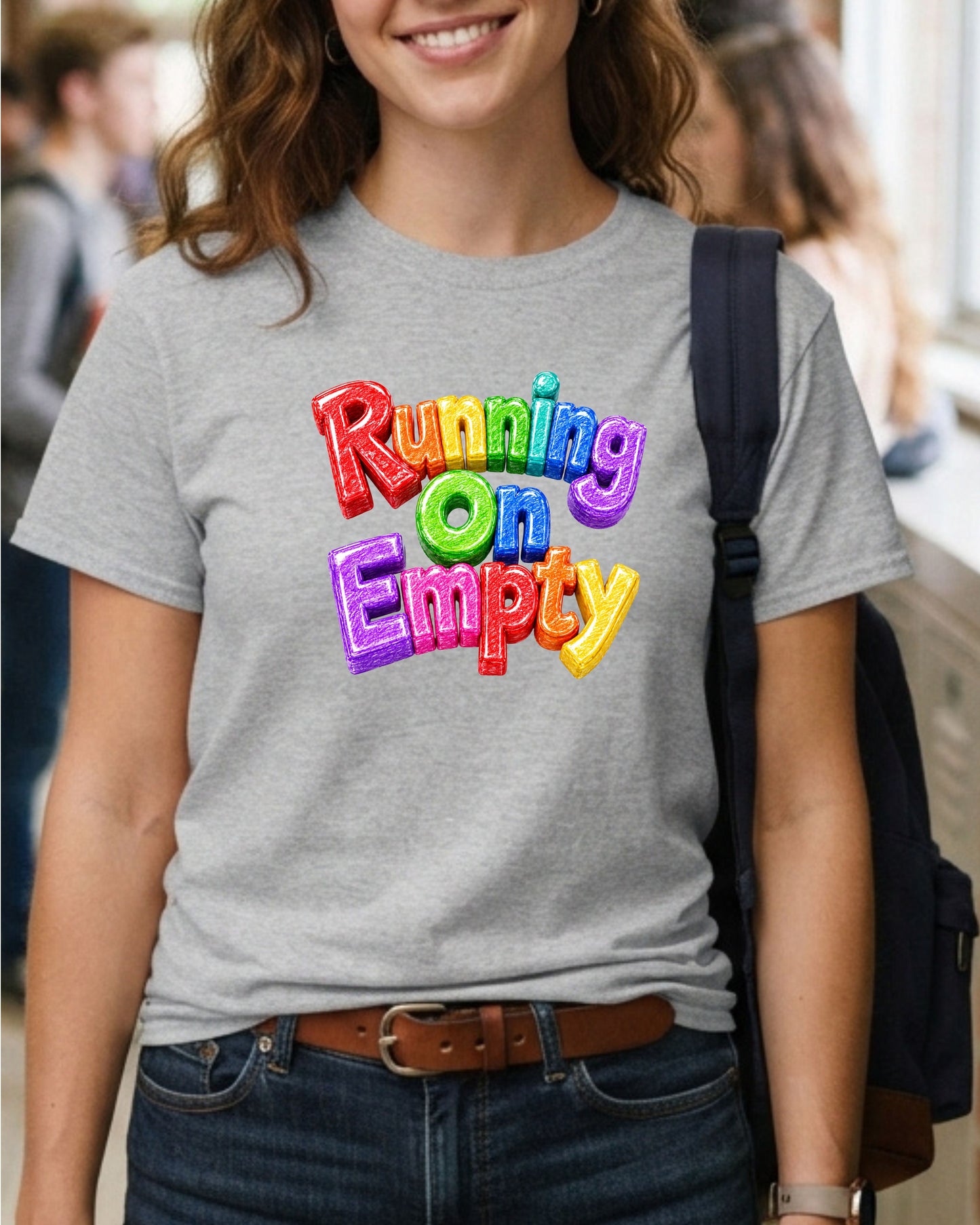 Running On Empty Shirt, Rainbow Typography Tee, Colourful 3D Graphic T-Shirt, Funny Burnout Shirt, Cute Positive Retro Apparel Gift