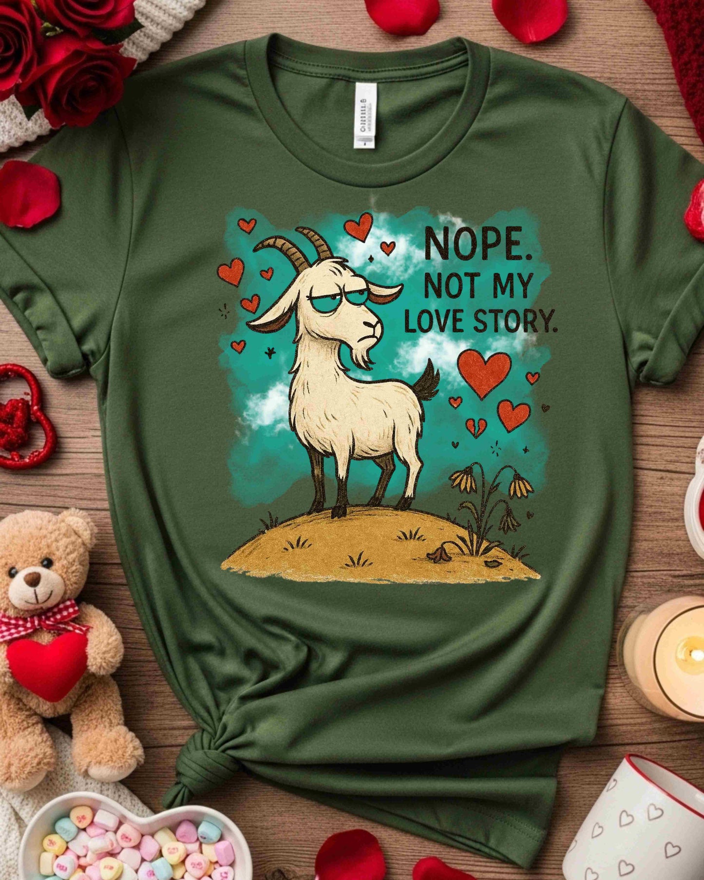 Nope. Not My Love Story, Goat Tee, Anti‑Romance Humour, Cute Sassy Animal Graphic, Valentine’s Day