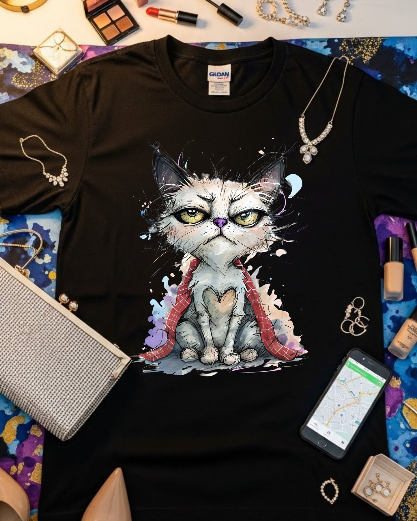 Grumpy Cat Shirt – Cute Artsy Cat Illustration Tee for Women & Teens – Whimsical Kitty Graphic T‑Shirt, Funny Pet Lover Top, Pastel Aesthetic Design