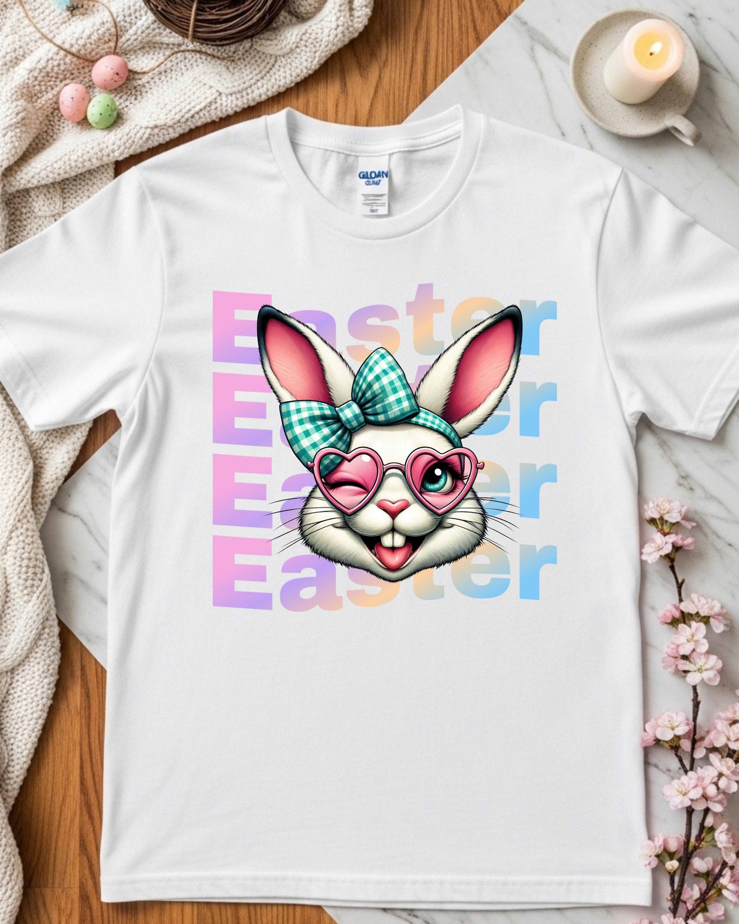 Retro Easter Bunny Face Graphic – Teal Checked Bow & Pink Heart Glasses, Cute Kawaii Easter Clipart for Stickers, Shirts & Spring Decor