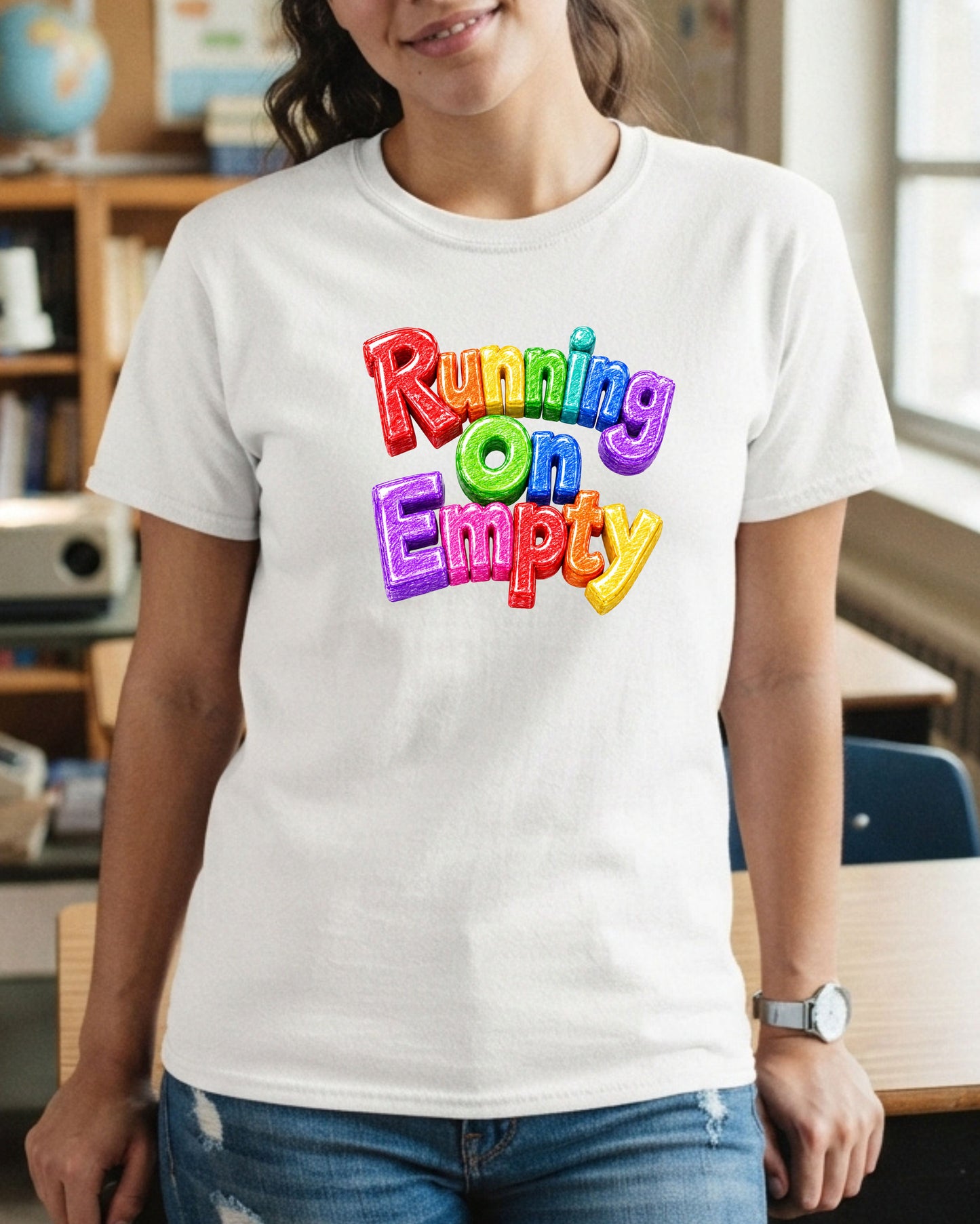 Running On Empty Shirt, Rainbow Typography Tee, Colourful 3D Graphic T-Shirt, Funny Burnout Shirt, Cute Positive Retro Apparel Gift