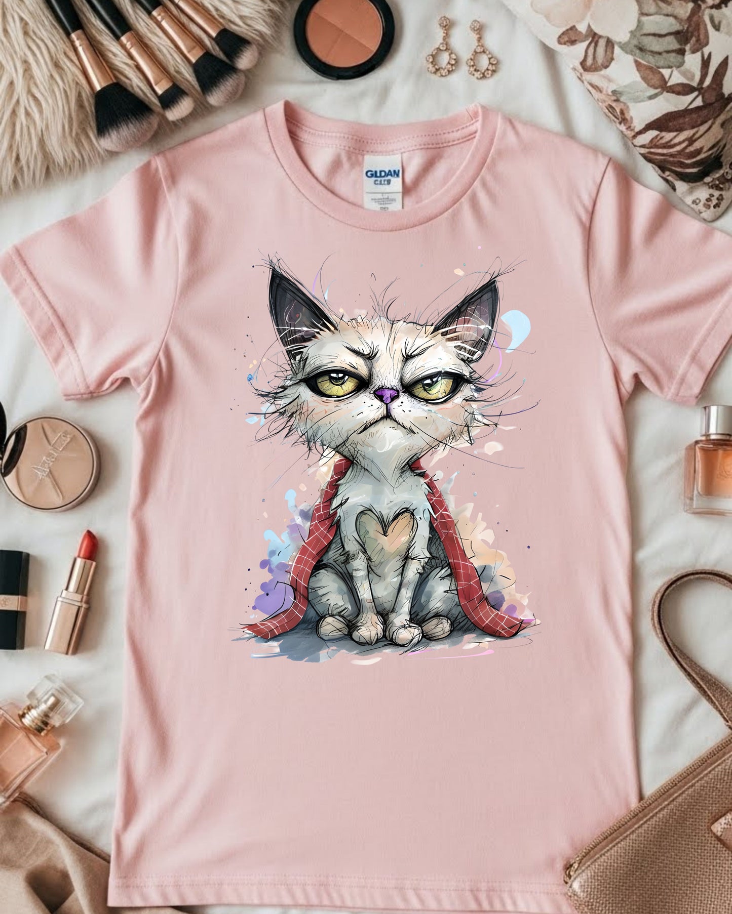 Grumpy Cat Shirt – Cute Artsy Cat Illustration Tee for Women & Teens – Whimsical Kitty Graphic T‑Shirt, Funny Pet Lover Top, Pastel Aesthetic Design