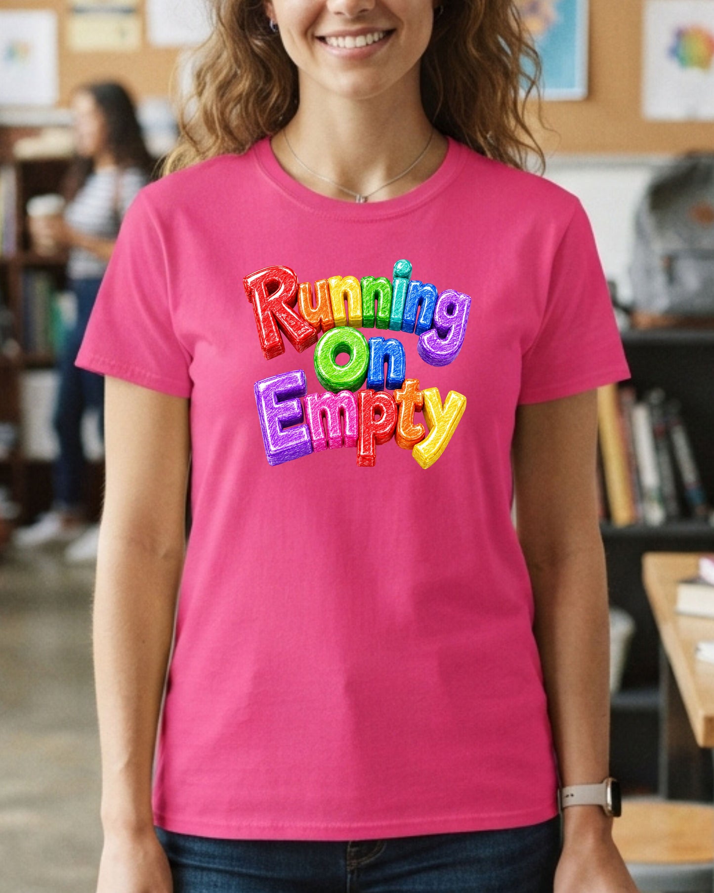 Running On Empty Shirt, Rainbow Typography Tee, Colourful 3D Graphic T-Shirt, Funny Burnout Shirt, Cute Positive Retro Apparel Gift