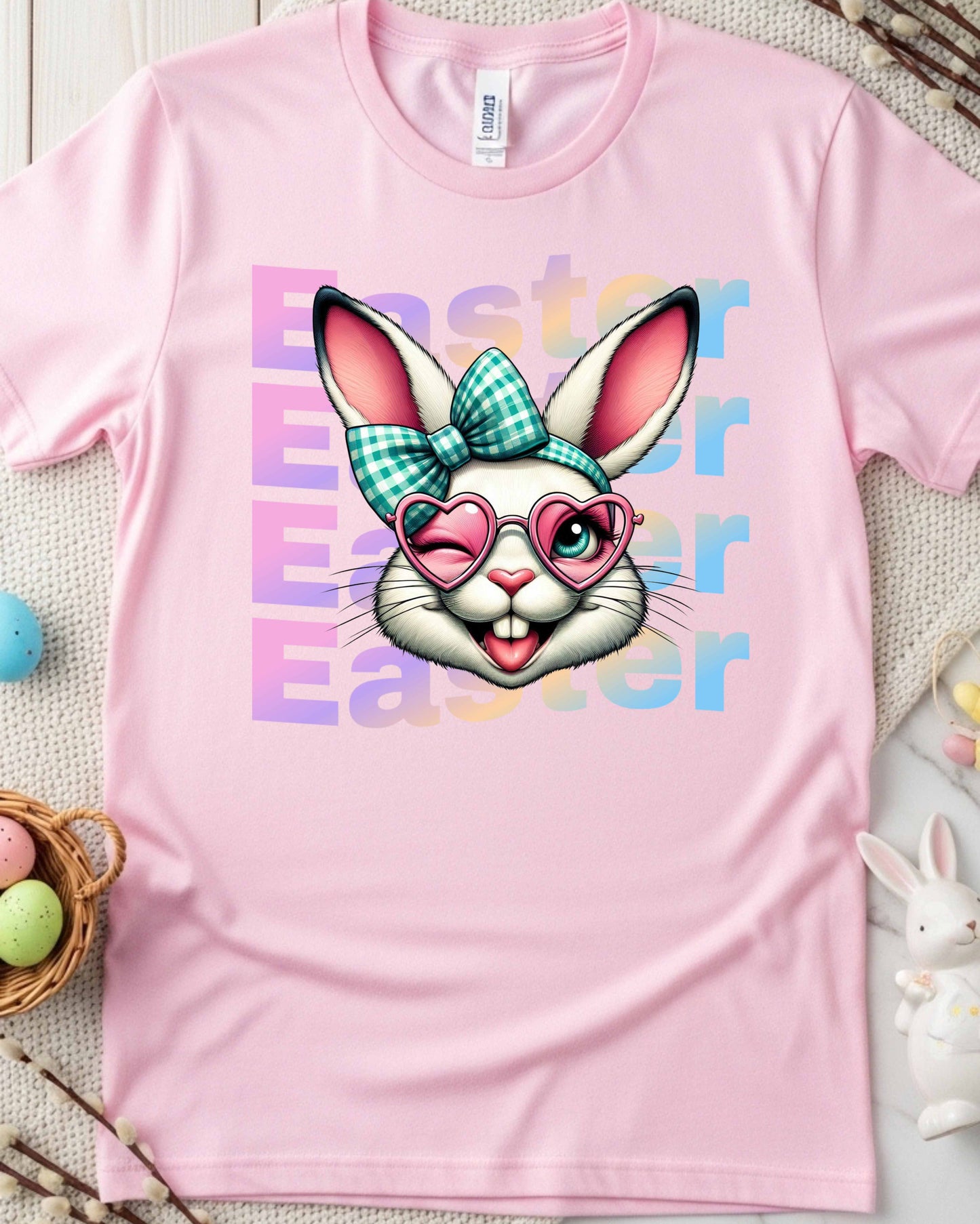 Retro Easter Bunny Face Graphic – Teal Checked Bow & Pink Heart Glasses, Cute Kawaii Easter Clipart for Stickers, Shirts & Spring Decor
