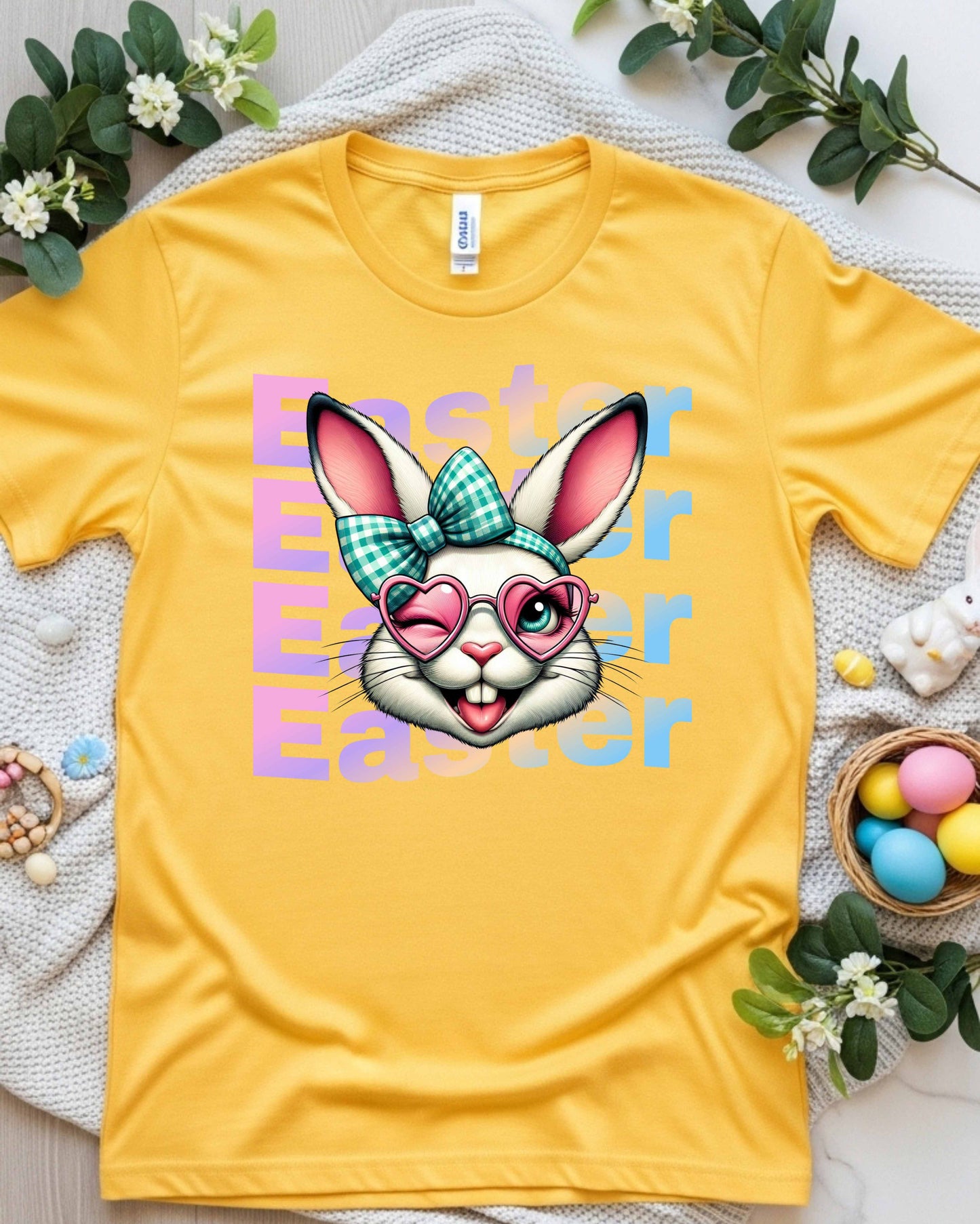 Retro Easter Bunny Face Graphic – Teal Checked Bow & Pink Heart Glasses, Cute Kawaii Easter Clipart for Stickers, Shirts & Spring Decor