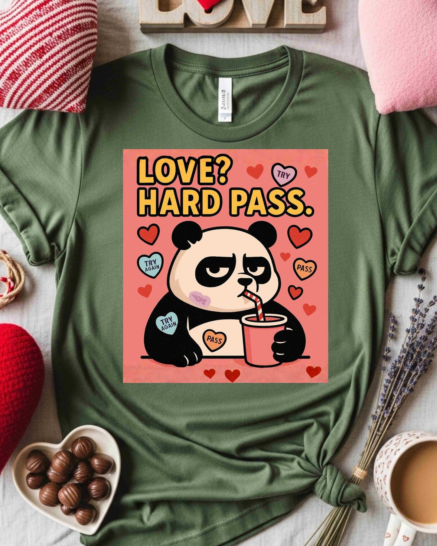 Love? Hard Pass” Panda Tee – Cute Anti‑Romance, Sassy Valentine’s Gift, Cartoon Animal Graphic