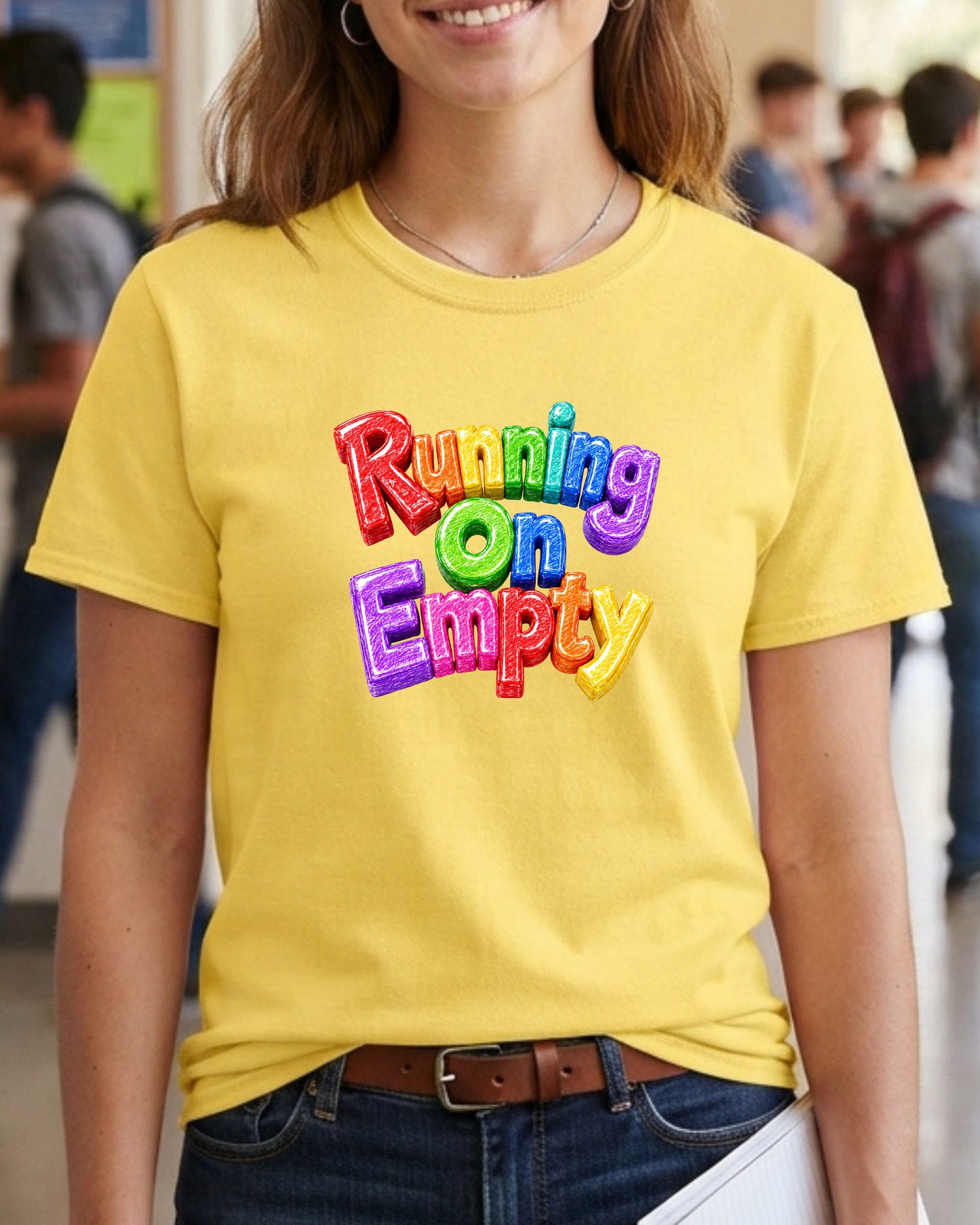 Running On Empty Shirt, Rainbow Typography Tee, Colourful 3D Graphic T-Shirt, Funny Burnout Shirt, Cute Positive Retro Apparel Gift