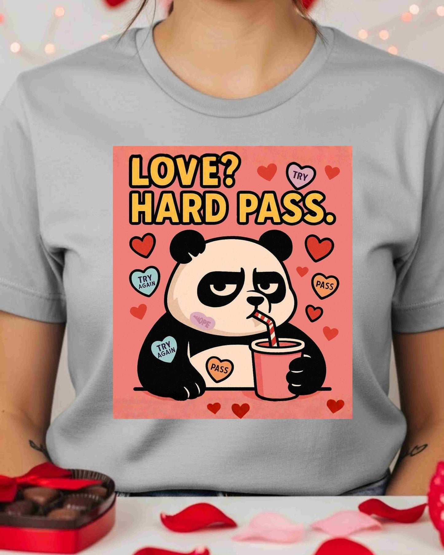 Love? Hard Pass” Panda Tee – Cute Anti‑Romance, Sassy Valentine’s Gift, Cartoon Animal Graphic