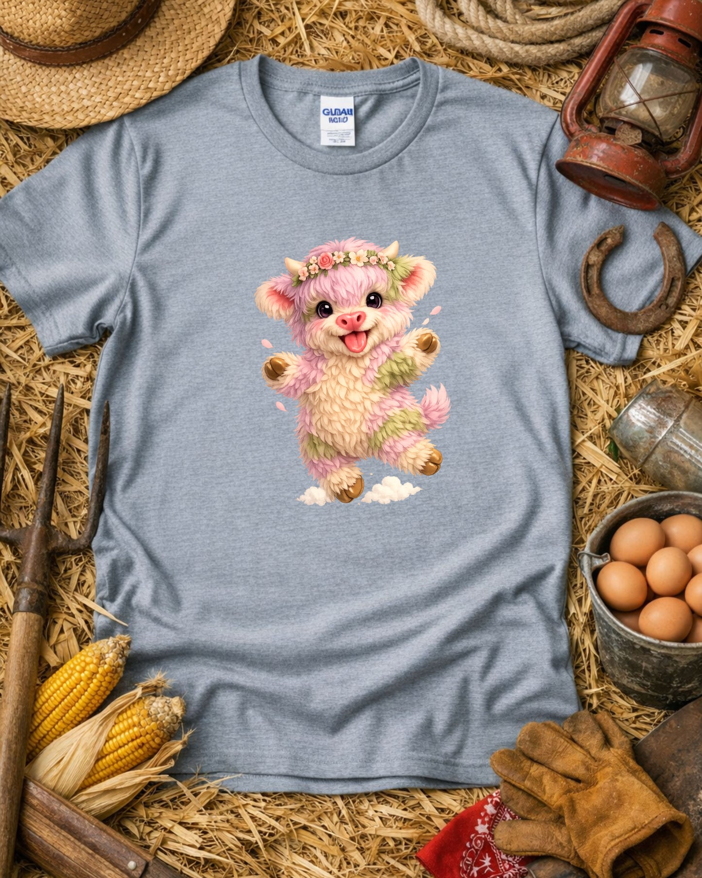 Pastel Highland Cow Clipart –  Cute Baby Cow Illustration, Kawaii Floral Cow PNG