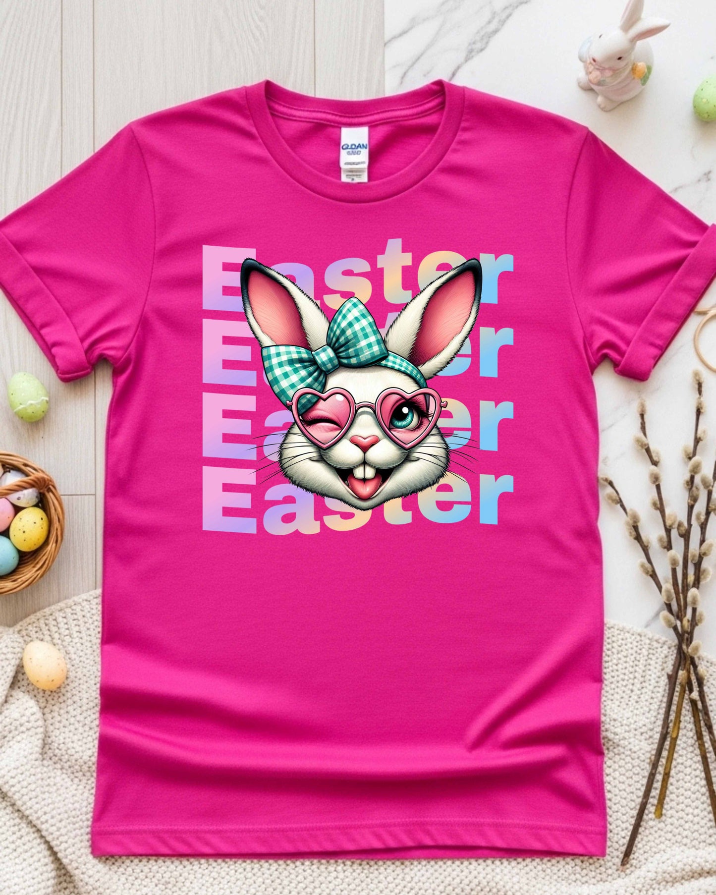Retro Easter Bunny Face Graphic – Teal Checked Bow & Pink Heart Glasses, Cute Kawaii Easter Clipart for Stickers, Shirts & Spring Decor