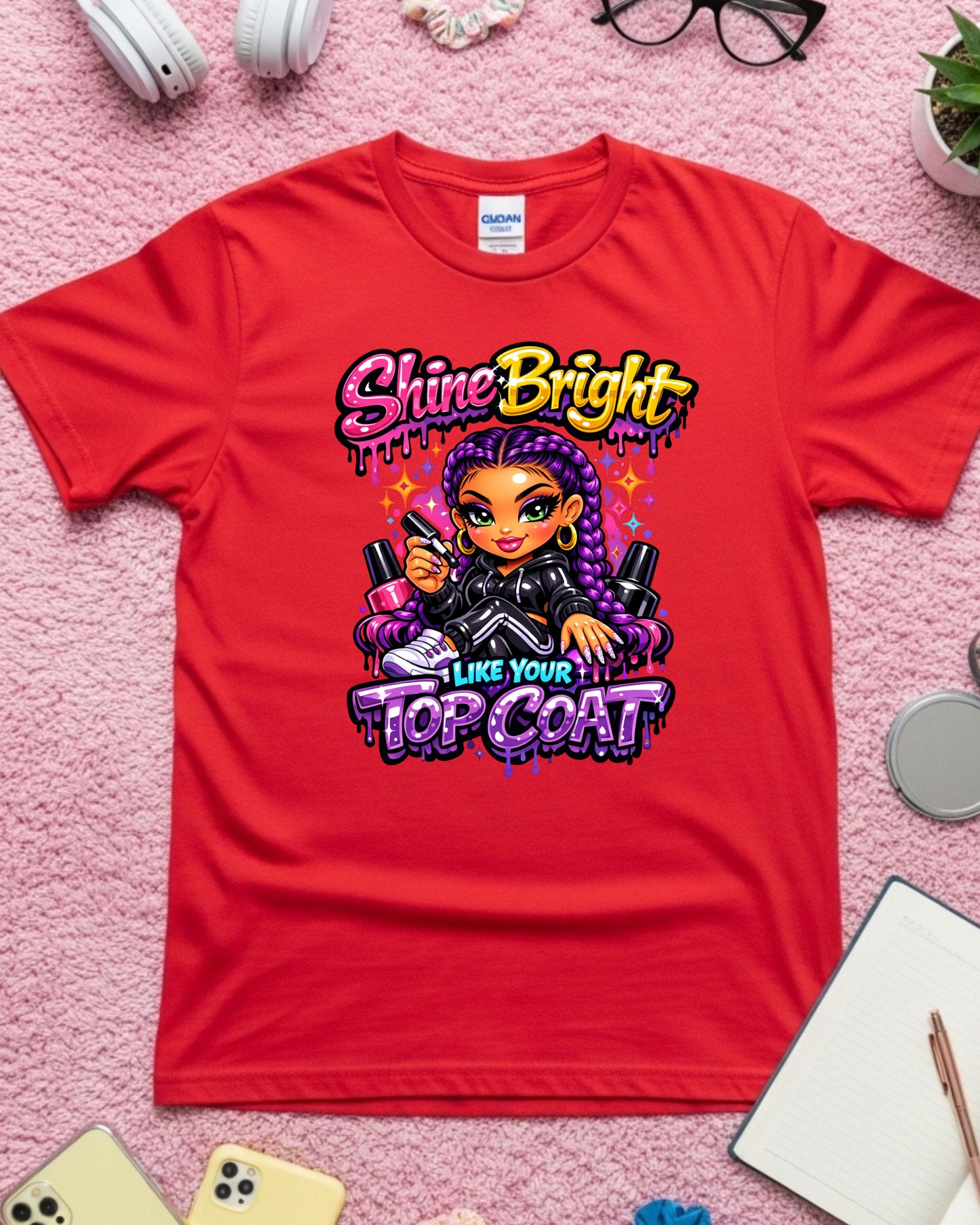 Shine Bright Like Your Top Coat Shirt Funny Nail Tech Tee Colourful Nail Artist T‑Shirt Salon Nail Tech Graphic Top Manicurist Gift
