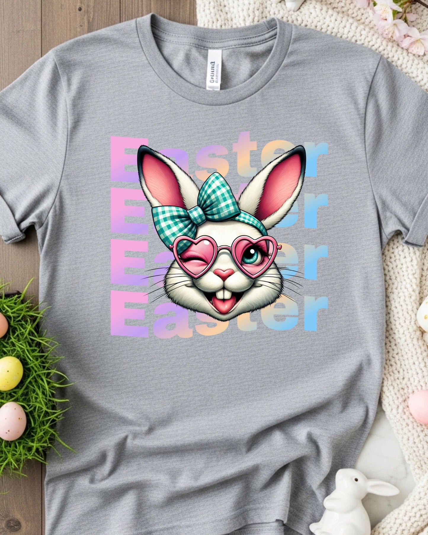 Retro Easter Bunny Face Graphic – Teal Checked Bow & Pink Heart Glasses, Cute Kawaii Easter Clipart for Stickers, Shirts & Spring Decor