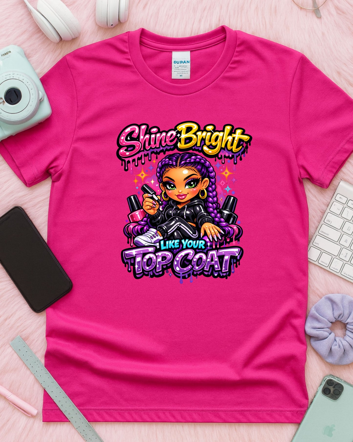 Shine Bright Like Your Top Coat Shirt Funny Nail Tech Tee Colourful Nail Artist T‑Shirt Salon Nail Tech Graphic Top Manicurist Gift