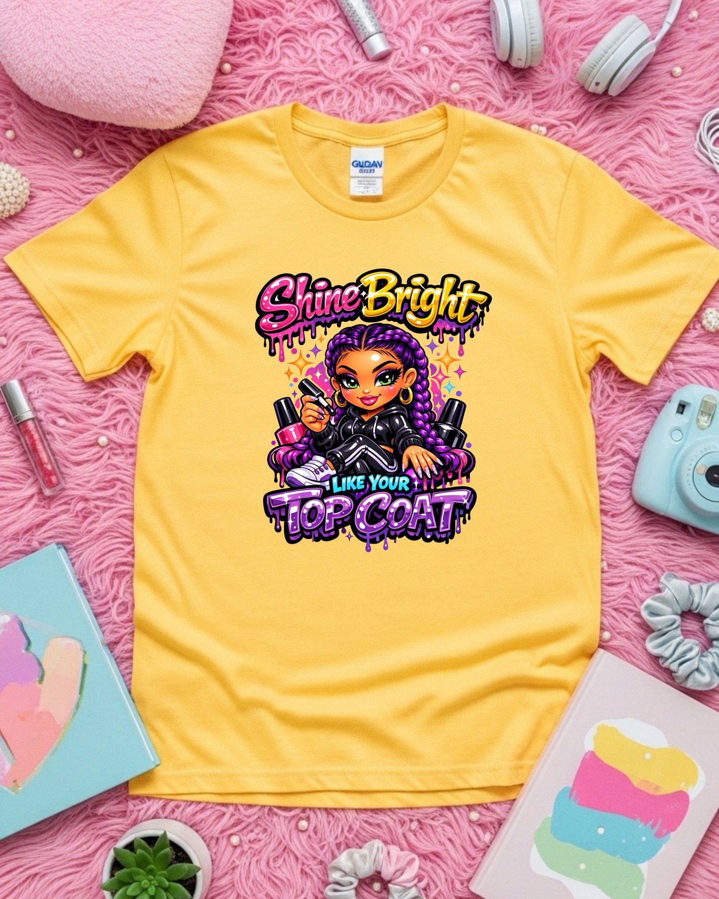 Shine Bright Like Your Top Coat Shirt Funny Nail Tech Tee Colourful Nail Artist T‑Shirt Salon Nail Tech Graphic Top Manicurist Gift