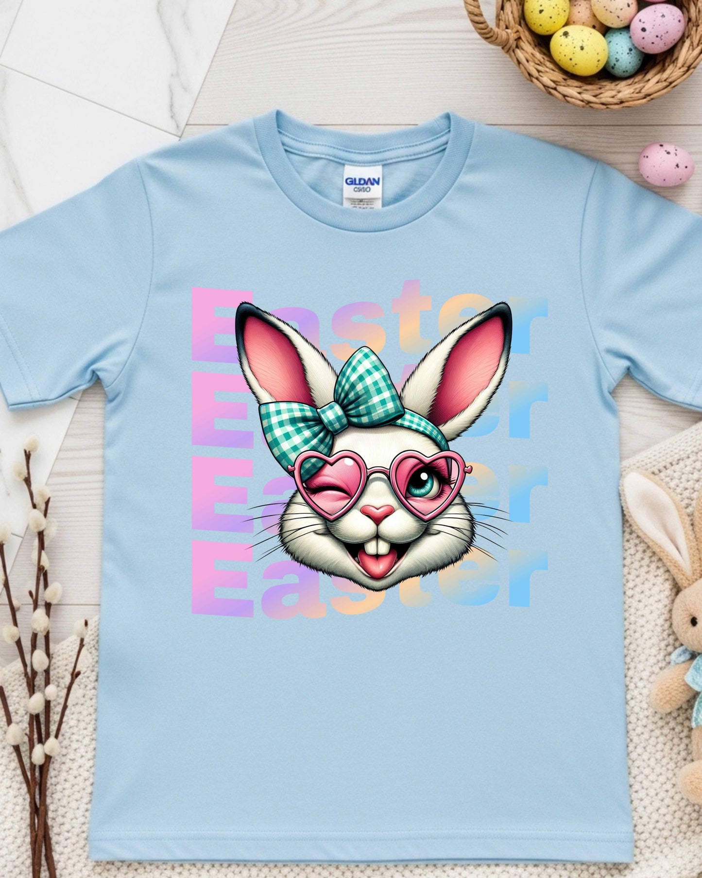Retro Easter Bunny Face Graphic – Teal Checked Bow & Pink Heart Glasses, Cute Kawaii Easter Clipart for Stickers, Shirts & Spring Decor