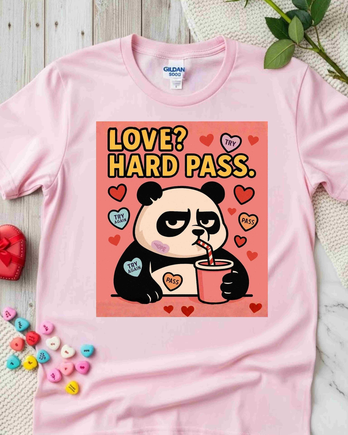 Love? Hard Pass” Panda Tee – Cute Anti‑Romance, Sassy Valentine’s Gift, Cartoon Animal Graphic
